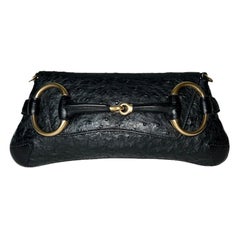 GUCCI Unworn Black Exotic Ostrich Skin Horsebit Flap Bag Clutch