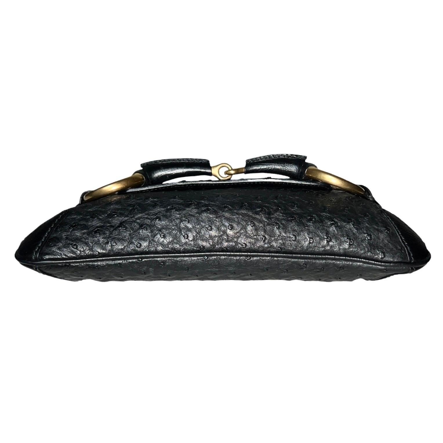 Women's GUCCI Unworn Black Exotic Ostrich Skin Horsebit Flap Bag Clutch For Sale