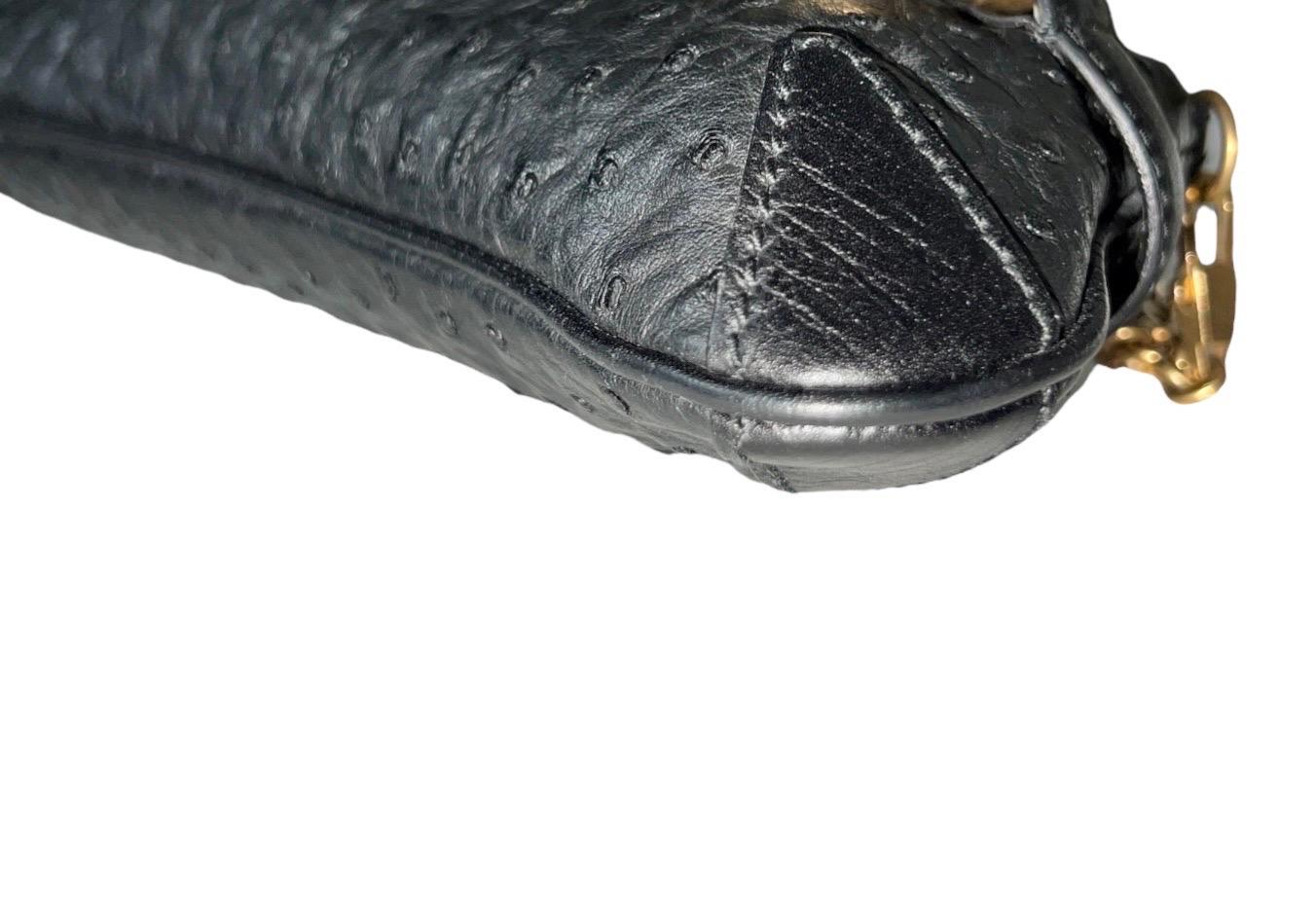 GUCCI Unworn Black Exotic Ostrich Skin Horsebit Flap Bag Clutch For Sale 1