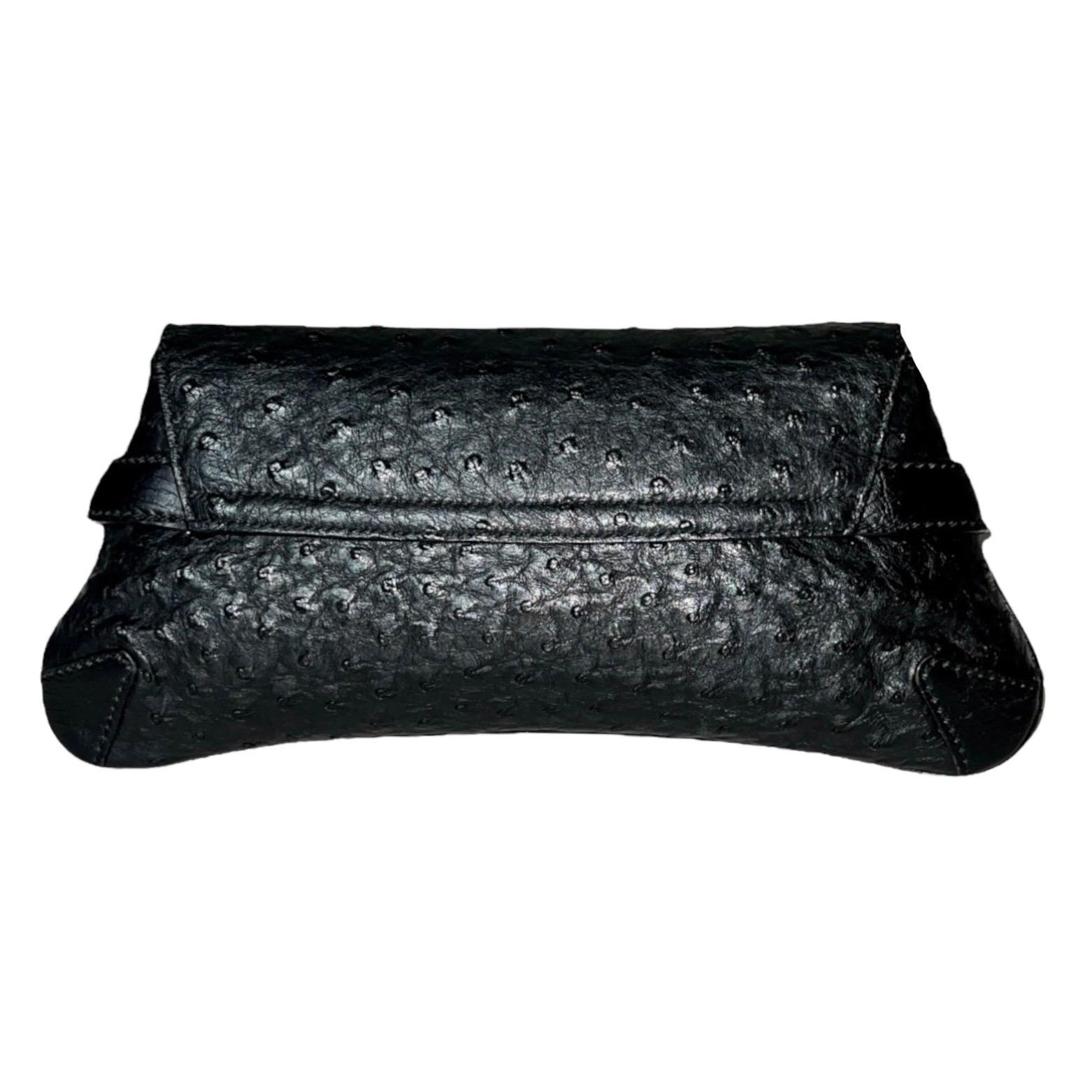 GUCCI Unworn Black Exotic Ostrich Skin Horsebit Flap Bag Clutch For Sale 2