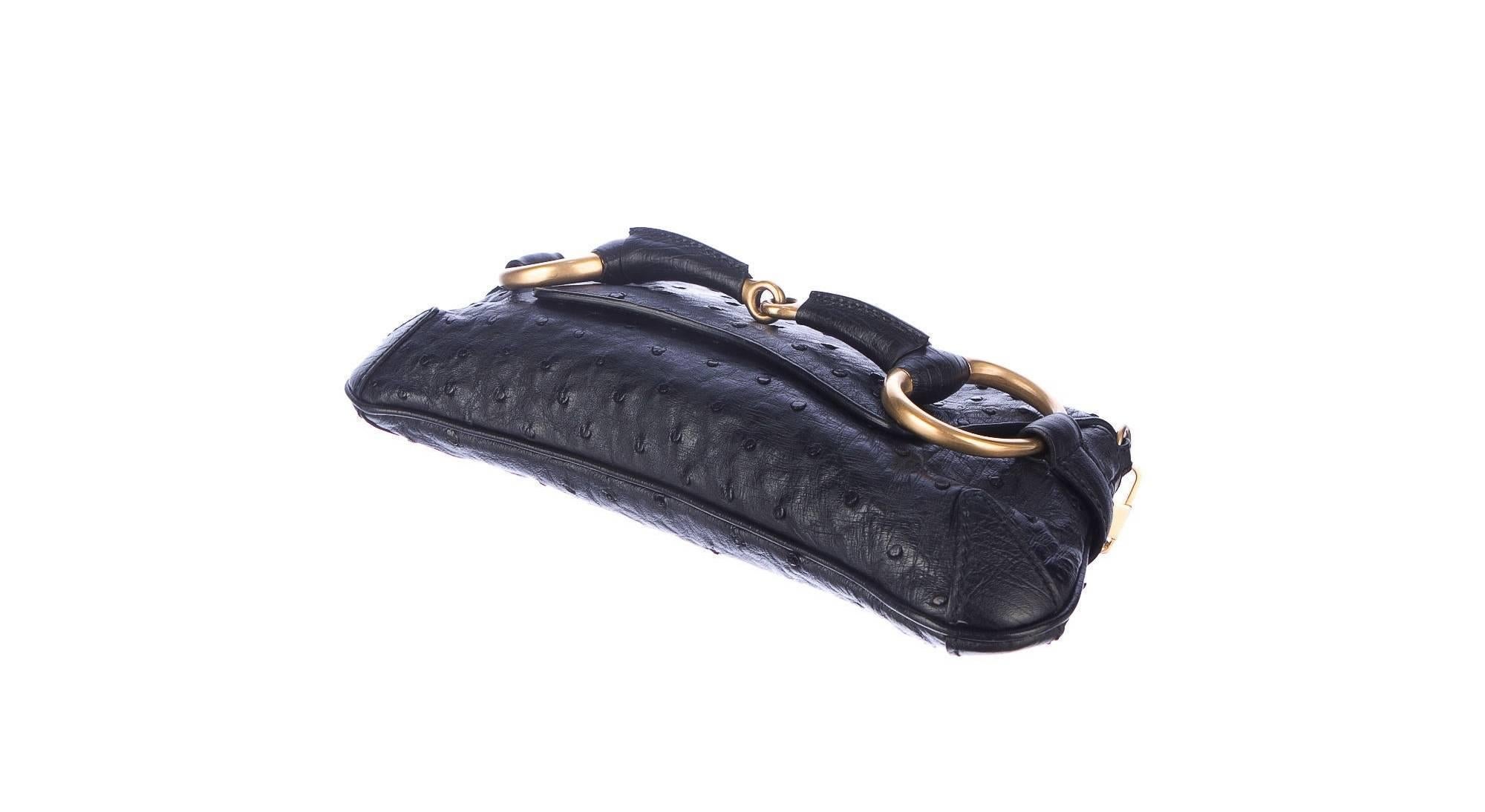 GUCCI Unworn Black Exotic Ostrich Skin Horsebit Flap Bag Clutch For Sale 3
