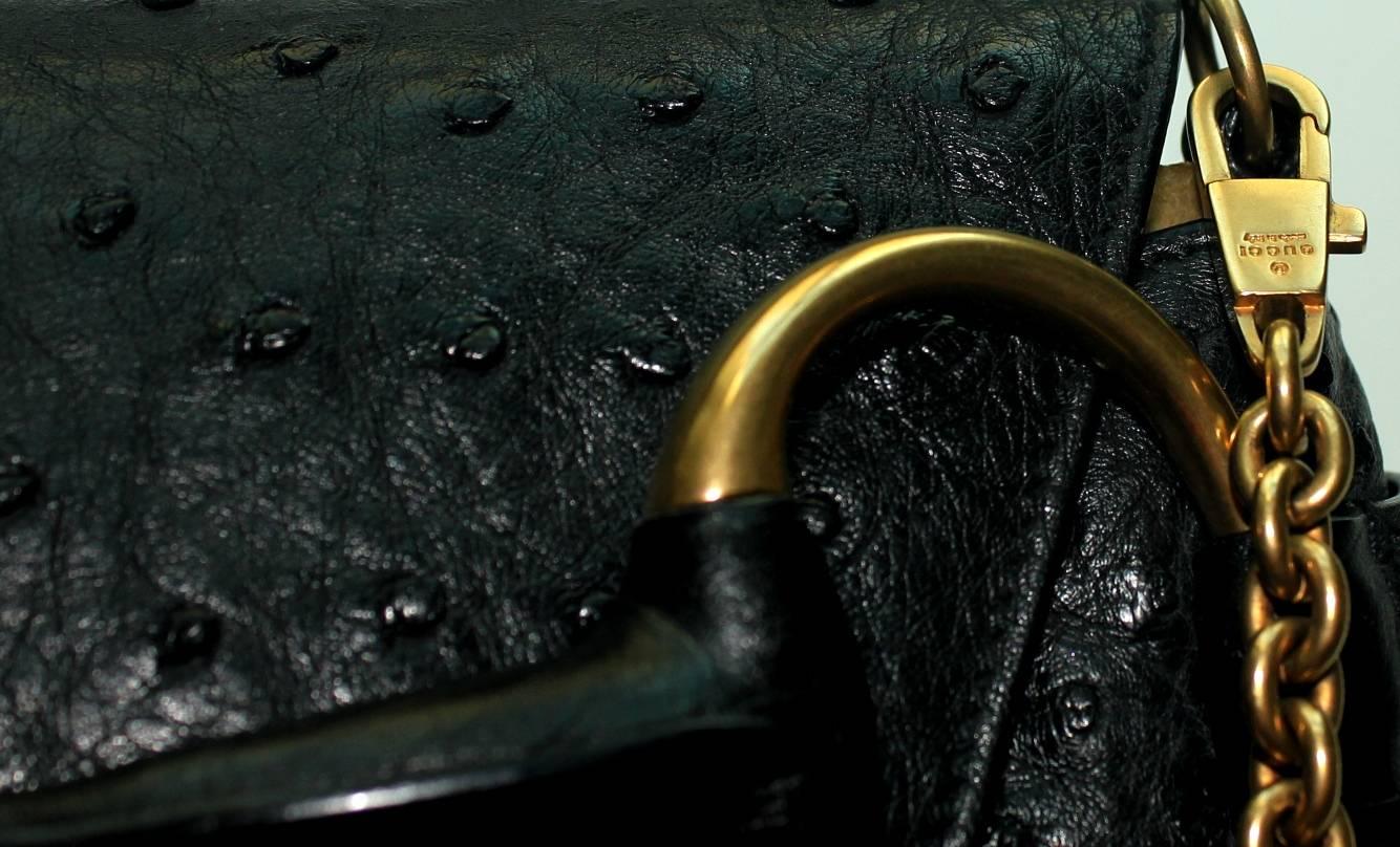 GUCCI Unworn Black Exotic Ostrich Skin Horsebit Flap Bag Clutch For Sale 4