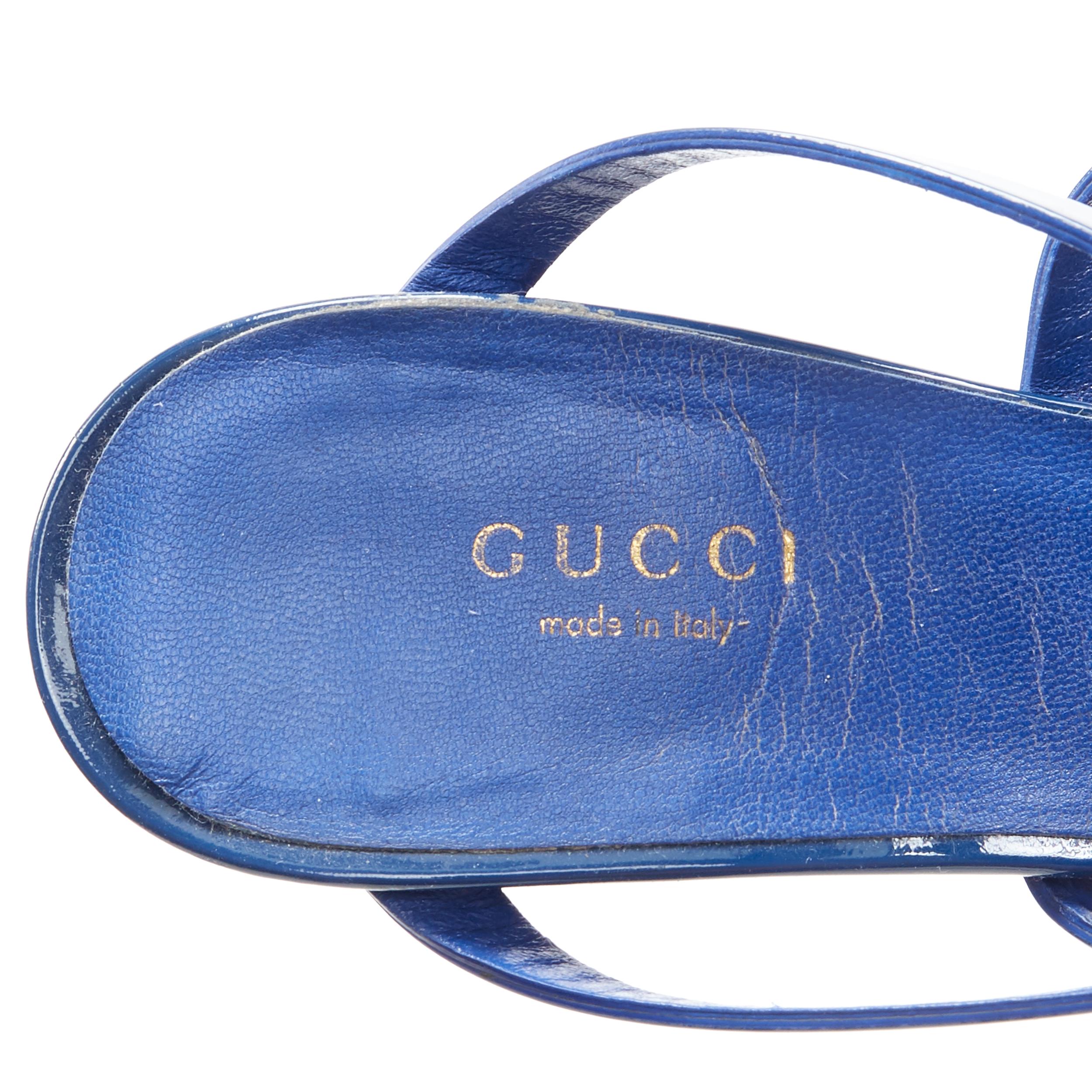 GUCCI Ursula azul charol oro hebilla horsebit sandalias de tacón alto EU37.5 6