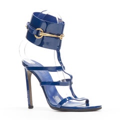 GUCCI Ursula blue patent gold horsebit buckle caged high heel sandals EU37.5