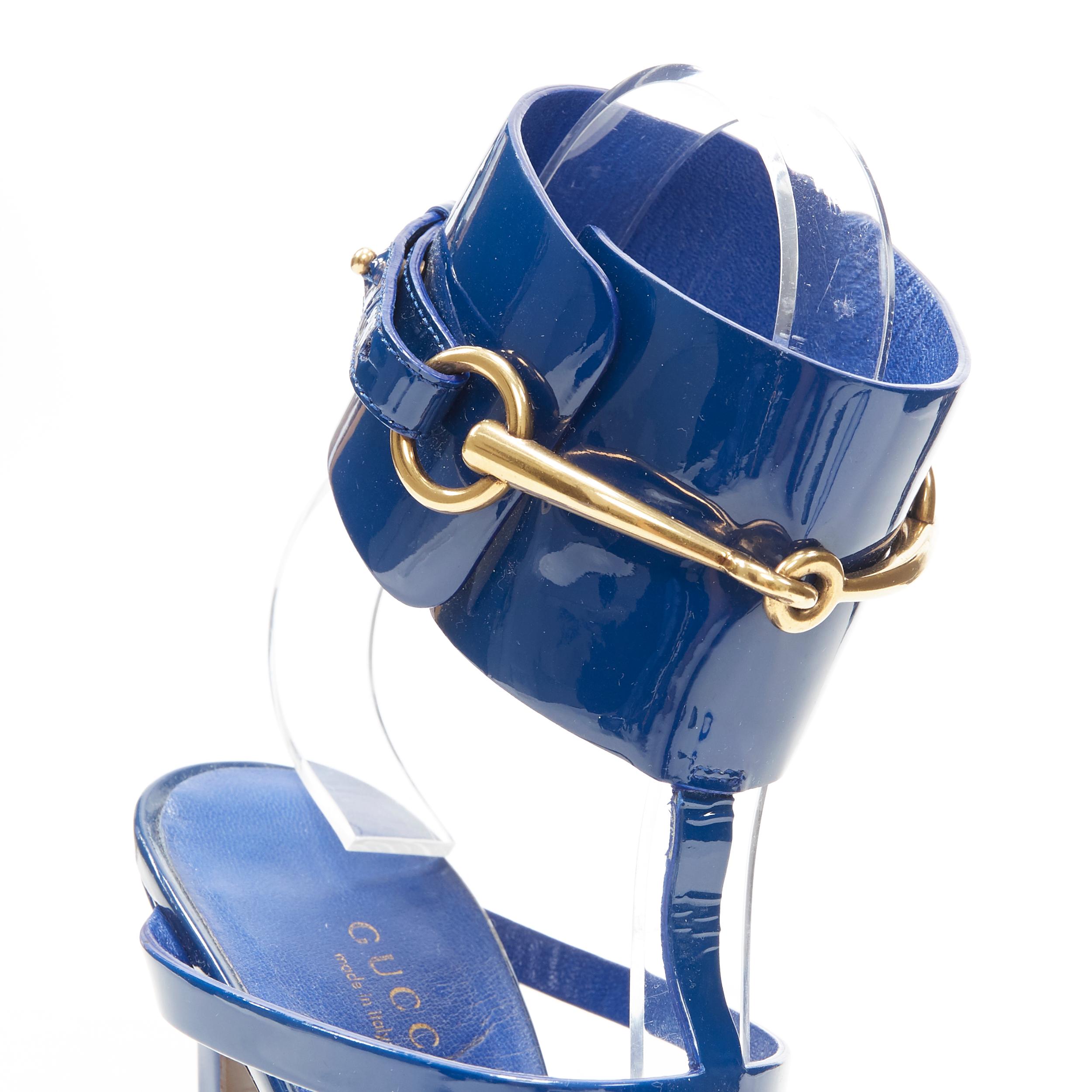 GUCCI Ursula azul charol oro hebilla horsebit sandalias de tacón alto EU37.5 2