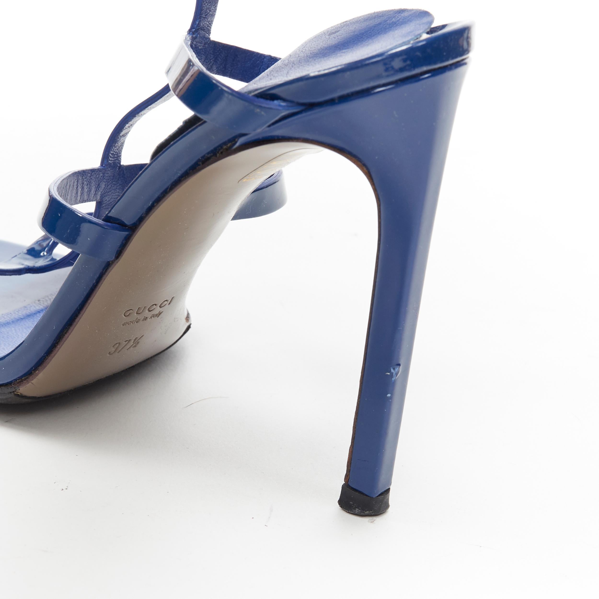 GUCCI Ursula azul charol oro hebilla horsebit sandalias de tacón alto EU37.5 4