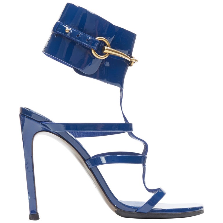 GUCCI Ursula blue patent gold horsebit buckle caged high heel sandals  EU37.5 at 1stDibs