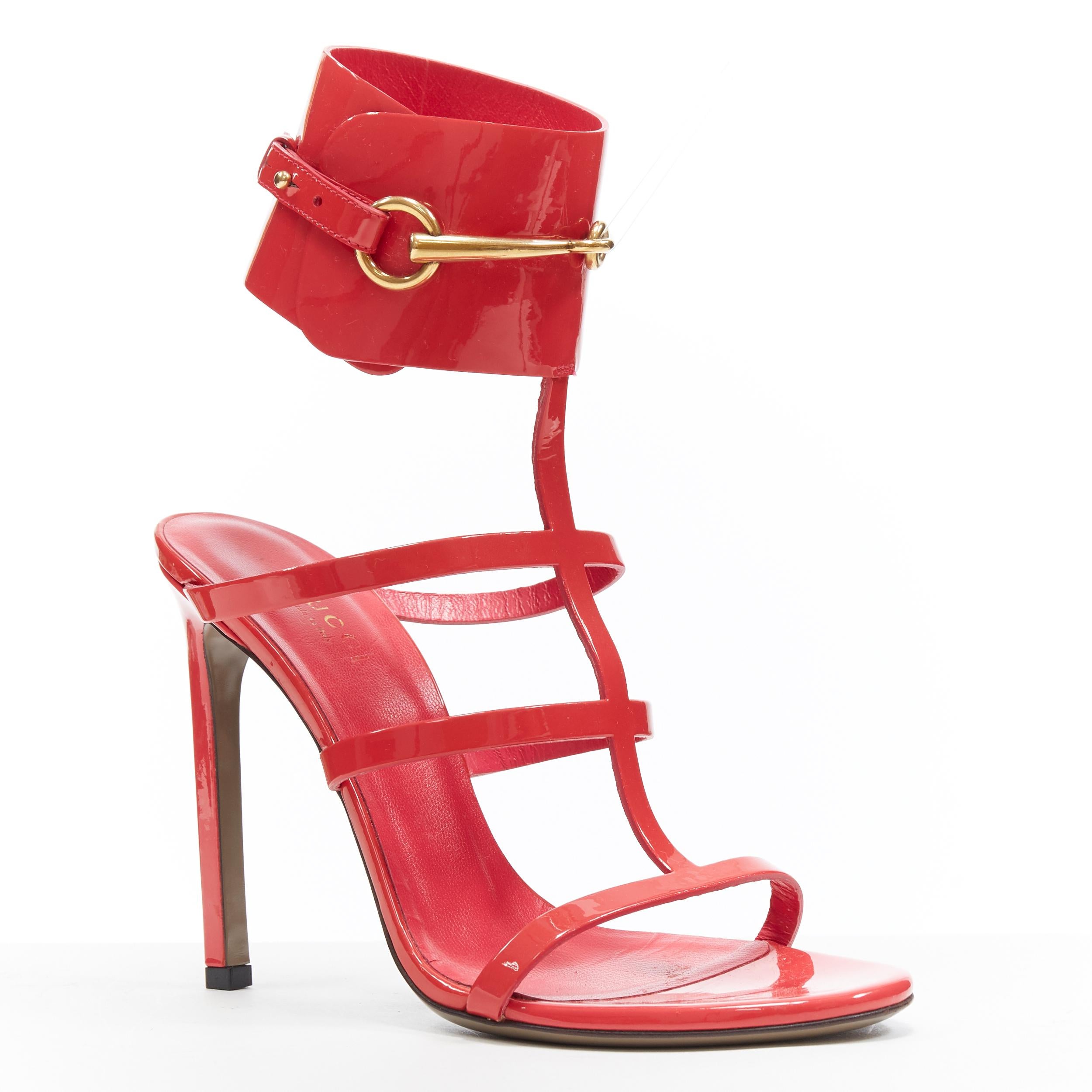 Orange GUCCI Ursula pink patent horsebit ankle cuff strappy open toe sandals EU37.5