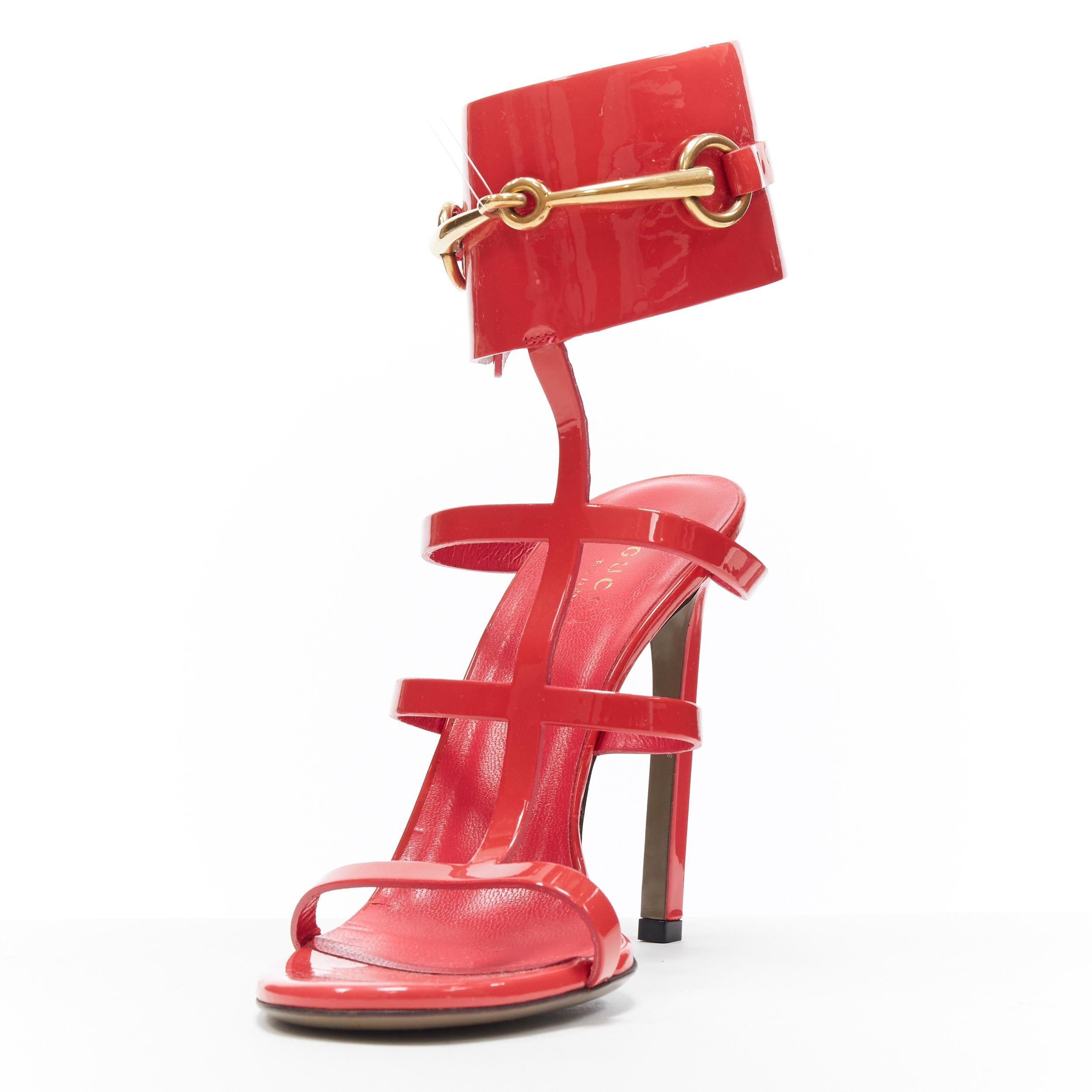 Women's GUCCI Ursula pink patent horsebit ankle cuff strappy open toe sandals EU37.5