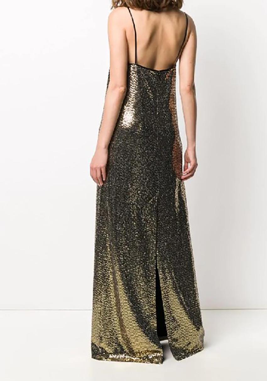 GUCCI V-NECK GOLDEN METAL MESH LONG DRESS Size M In New Condition In Montgomery, TX