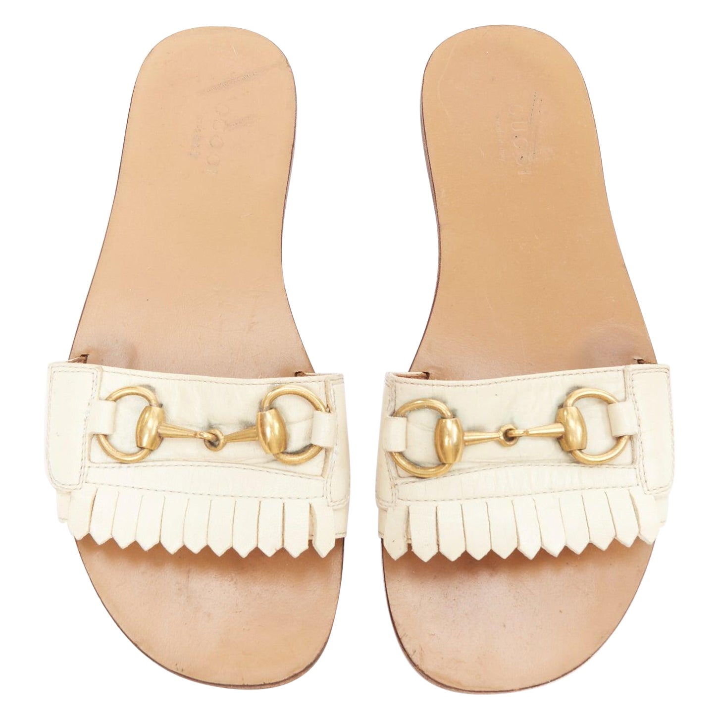 GUCCI Varadero cream gold horsebit fringe flat slipper shoes EU36.5