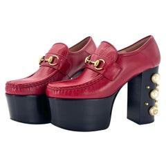 Gucci Vegas Pearl Horsebit Platform High Block Heel Loafers 37