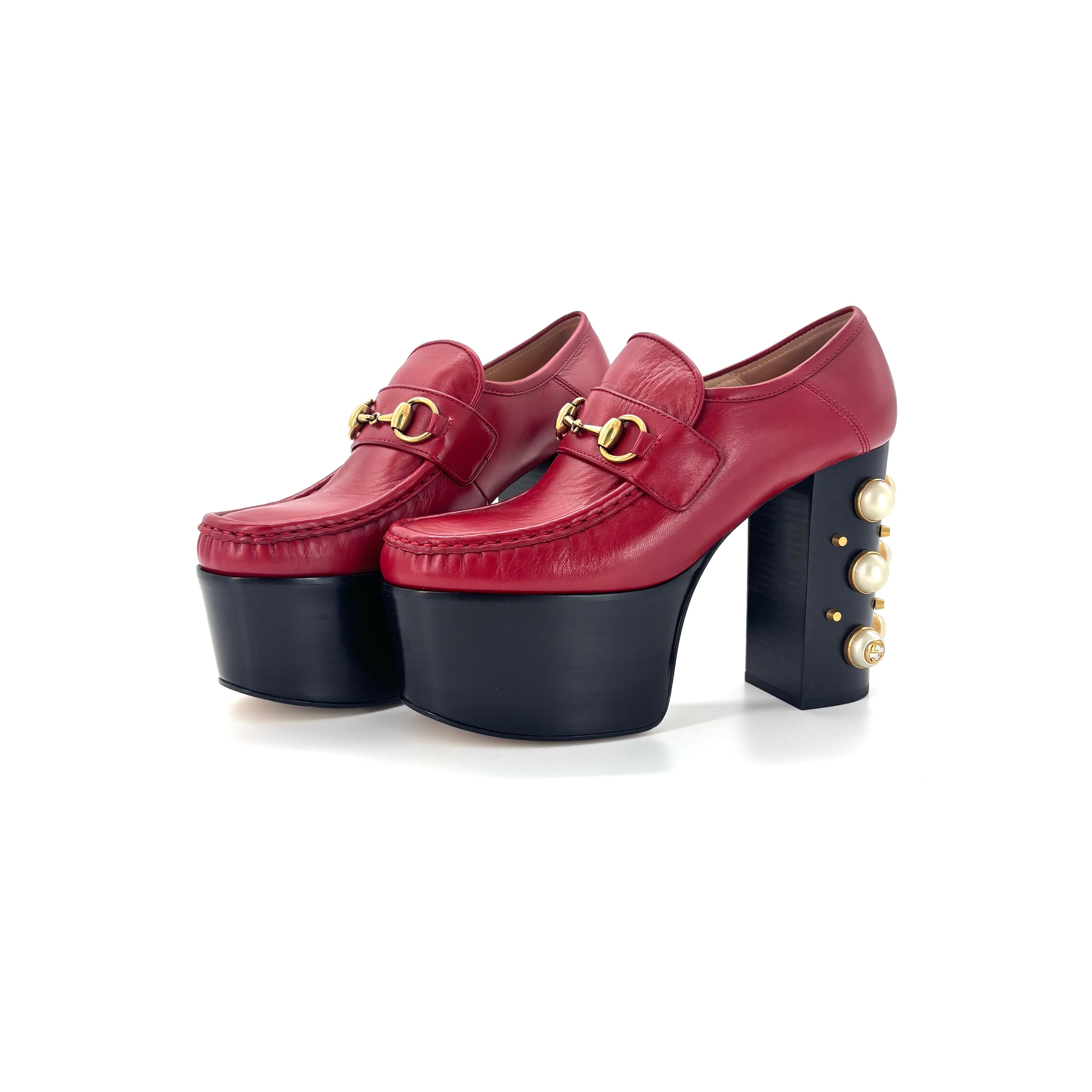 Gucci Vegas Pearl Horsebit Platform High Block Heel Loafers 37