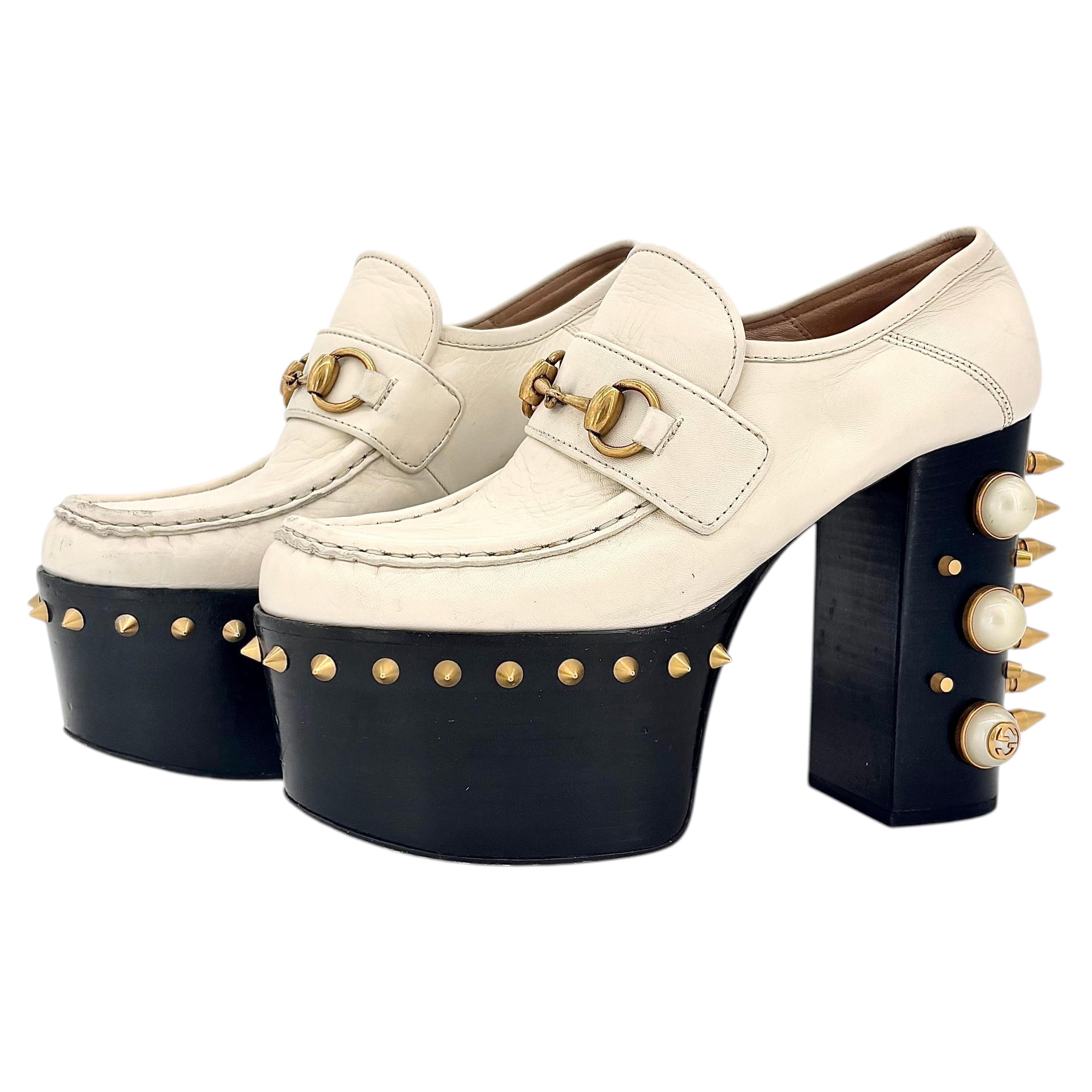 Pre-owned Gucci Vegas Spiked Pearl Horsebit Platform High Block Heel Loafers 36 In Sand