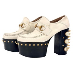 Gucci Vegas Spiked Pearl Horsebit Platform High Block Heel Loafers 36
