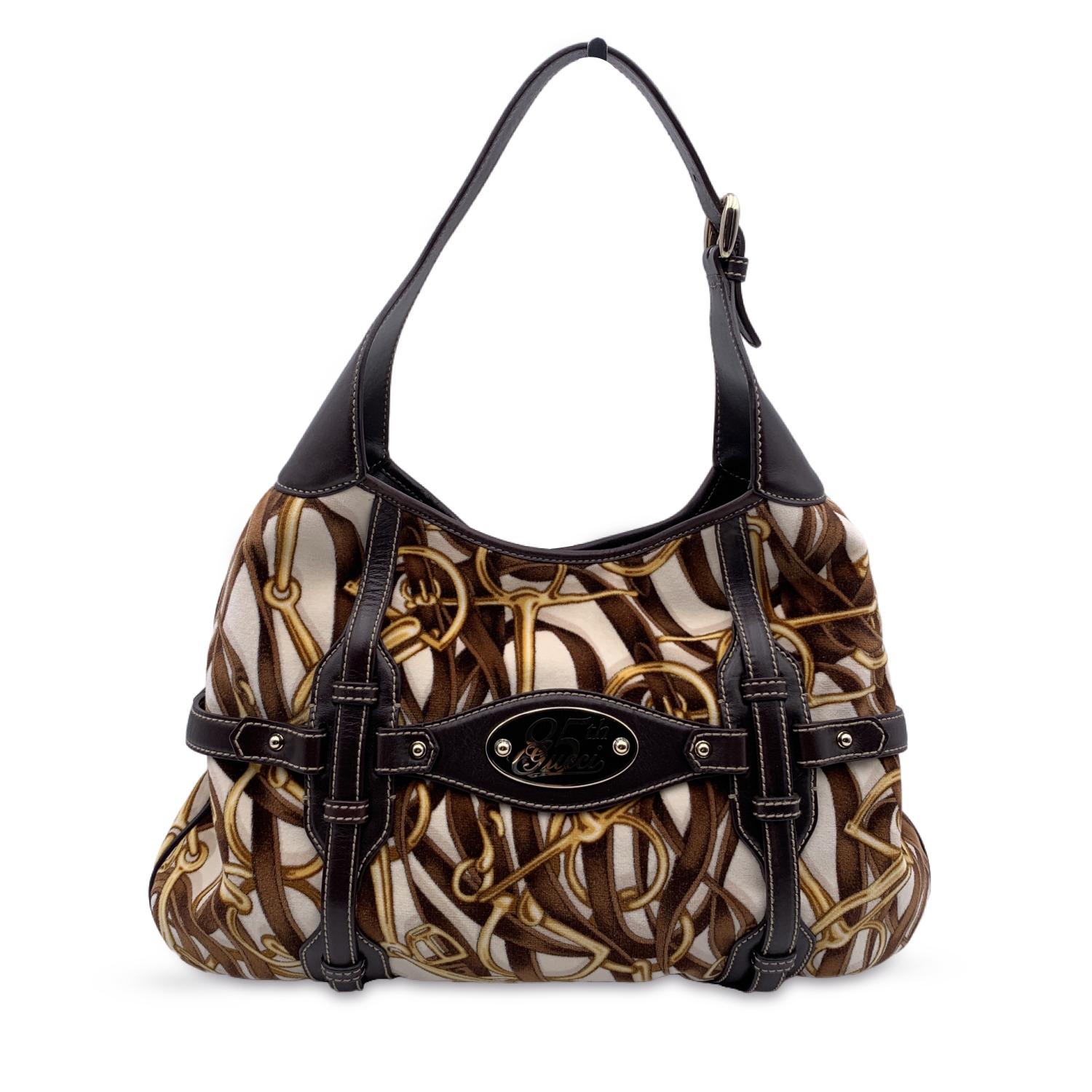 Gucci Velvet and Leather 85th Anniversary Horsebit Print Hobo Bag In Excellent Condition In Rome, Rome