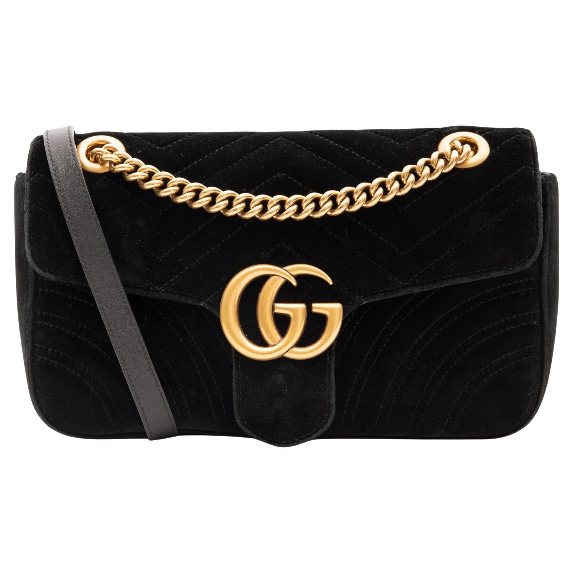 Gucci Velvet Black Matelasse Small GG Marmont Shoulder Bag (443497)