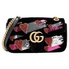 Gucci Velvet Embellished Hearts GG Marmont Medium Flap Bag