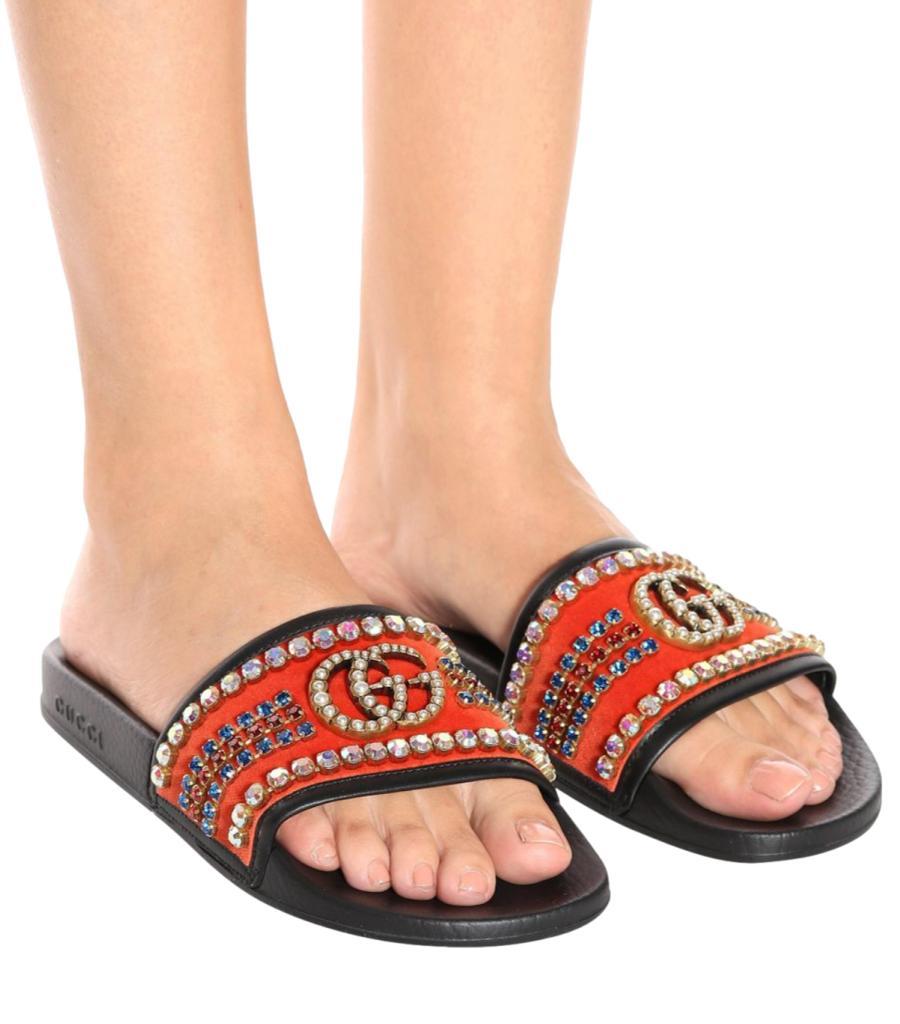 Gucci Velvet 'GG' Crystal Embellished Slide Sandals 3