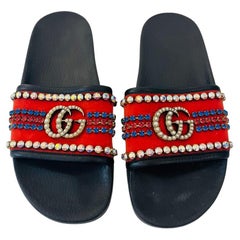 Used Gucci Velvet 'GG' Crystal Embellished Slide Sandals