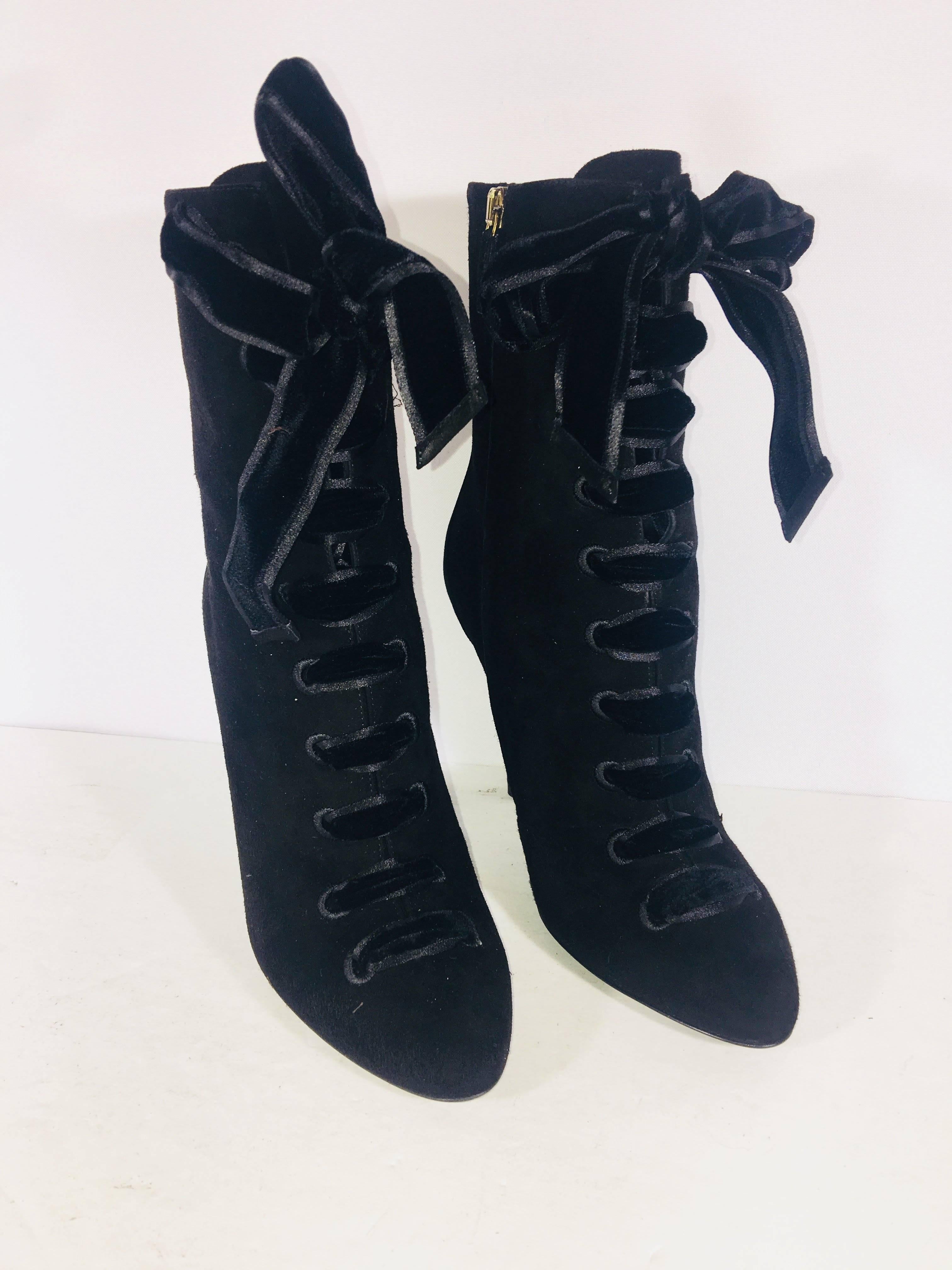 Gucci Velvet Lace Up Ankle Boots with Medium Stiletto Heel.