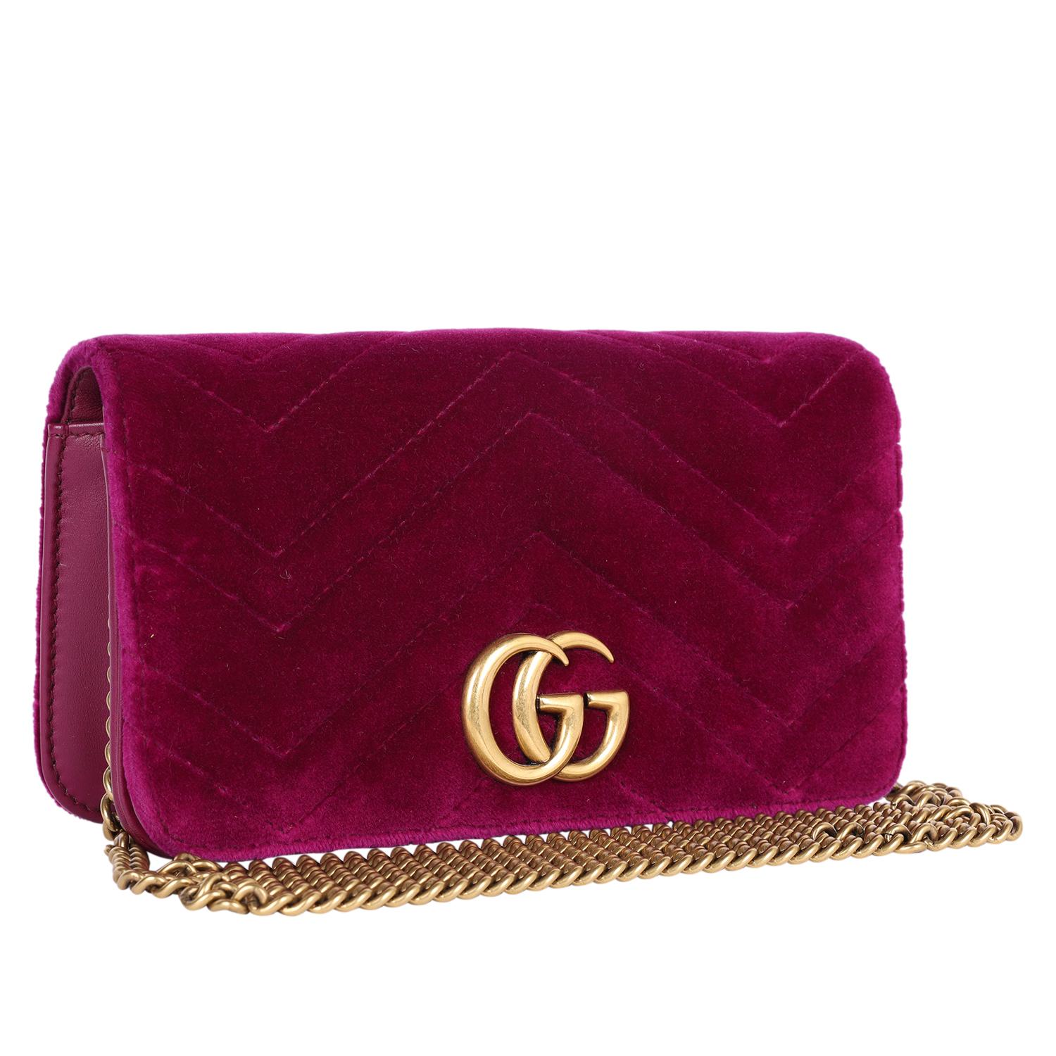 Red GUCCI Velvet Matelasse GG Marmont Mini Bag Fuchsia Violet Cyclamen For Sale