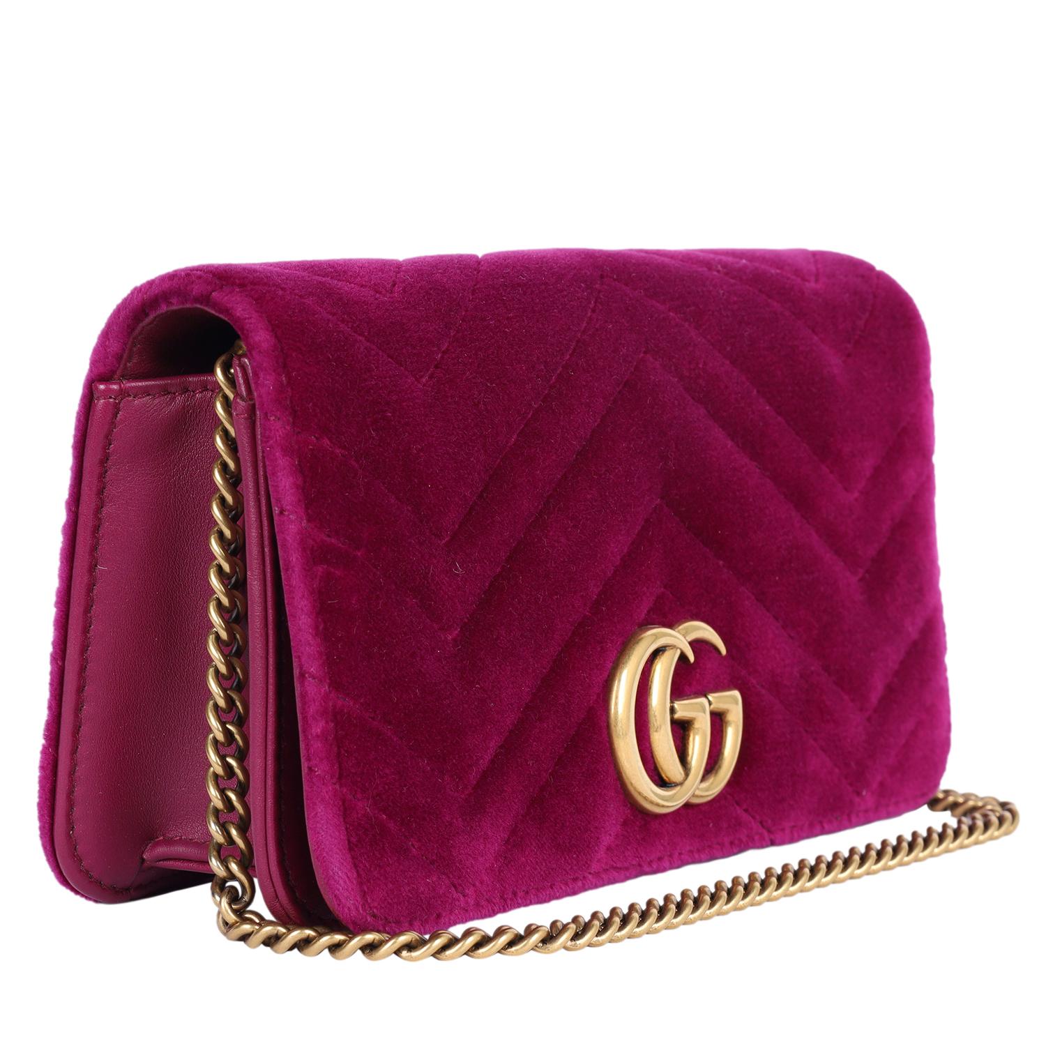 GUCCI Velvet Matelasse GG Marmont Mini Bag Fuchsia Violet Cyclamen In Excellent Condition For Sale In Salt Lake Cty, UT