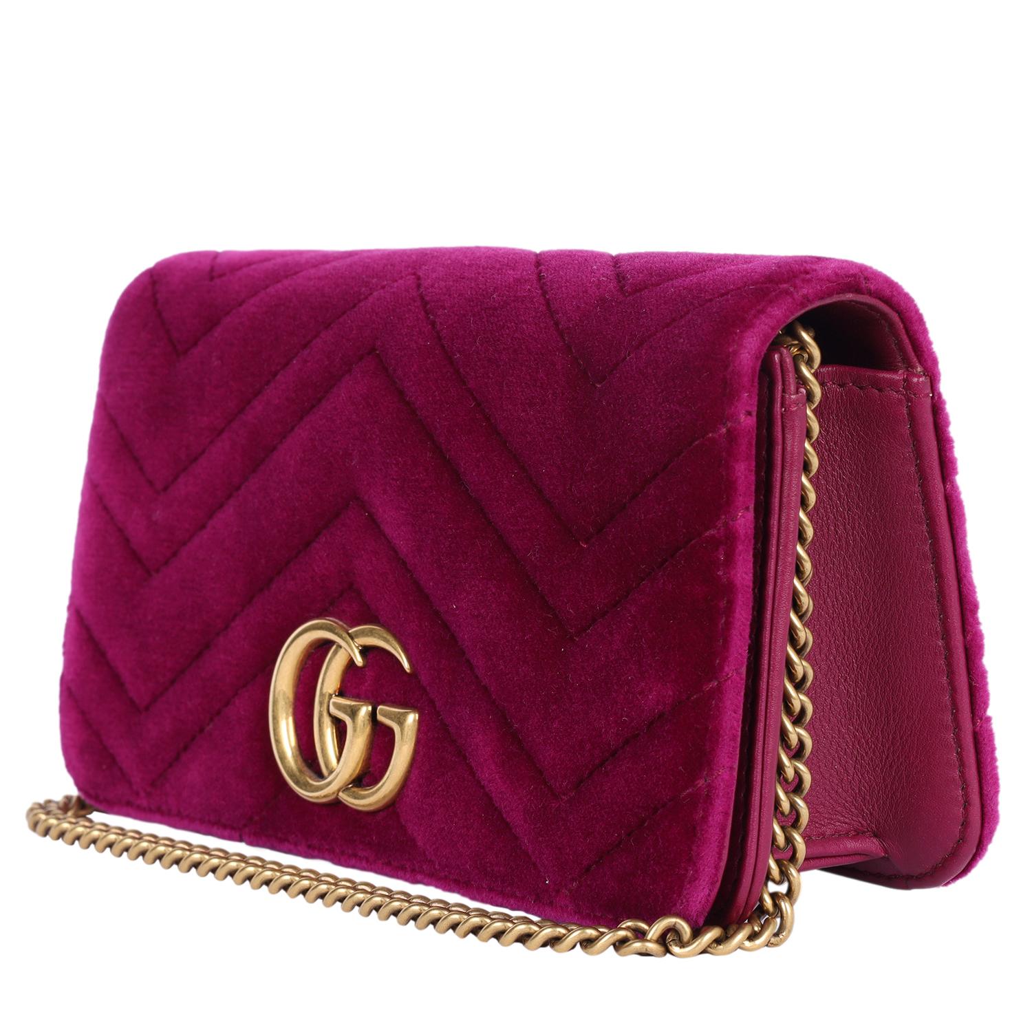 Women's GUCCI Velvet Matelasse GG Marmont Mini Bag Fuchsia Violet Cyclamen For Sale