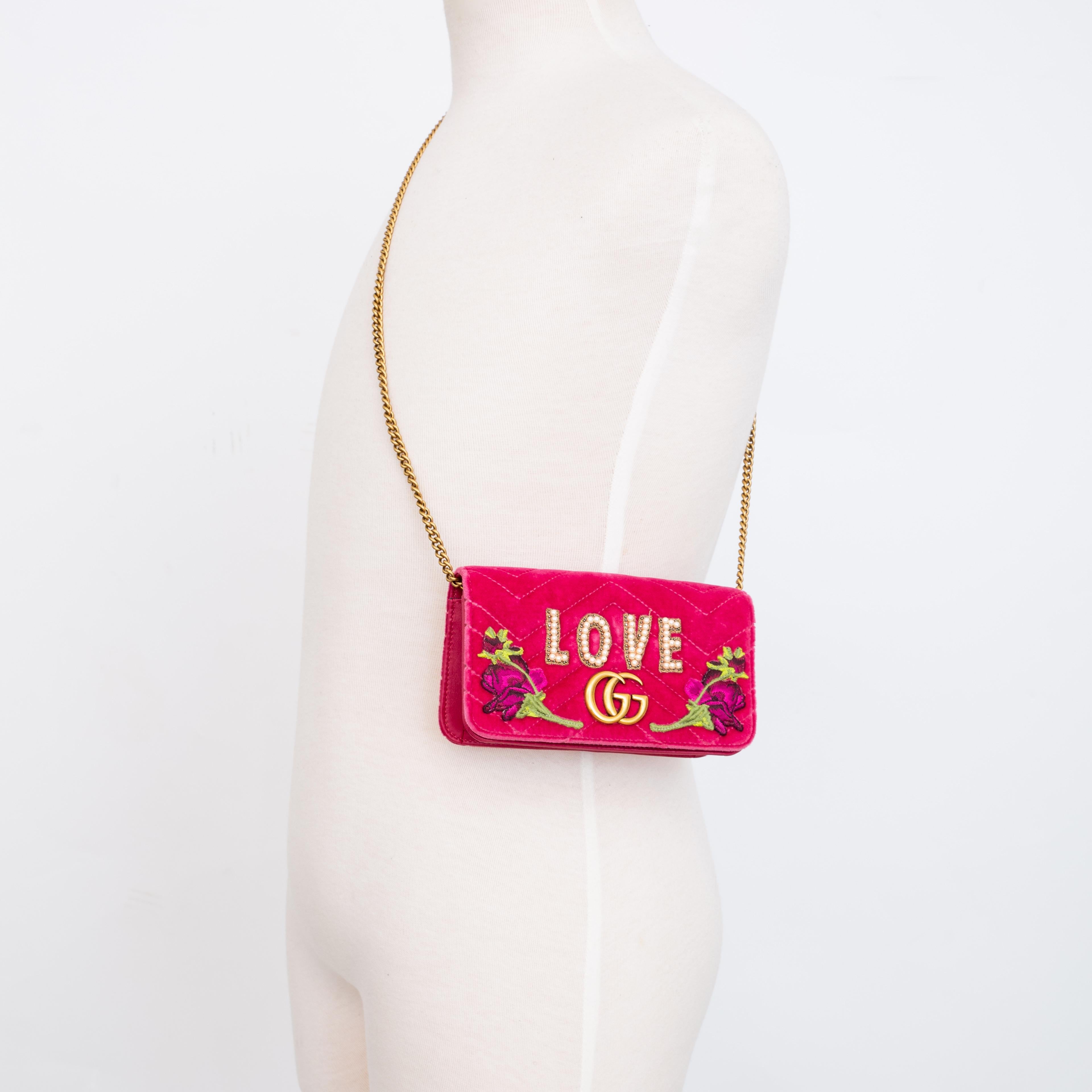 Women's Gucci Velvet Matelasse Love Embroidered GG Marmont Mini Bag Raspberry (488426)