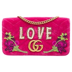 Used Gucci Velvet Matelasse Love Embroidered GG Marmont Mini Bag Raspberry (488426)