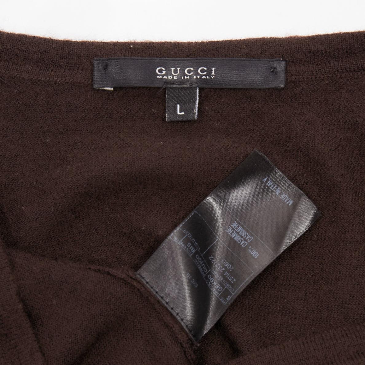 GUCCI Vintage 100% cashmere brown V-neck classic sweater L For Sale 4