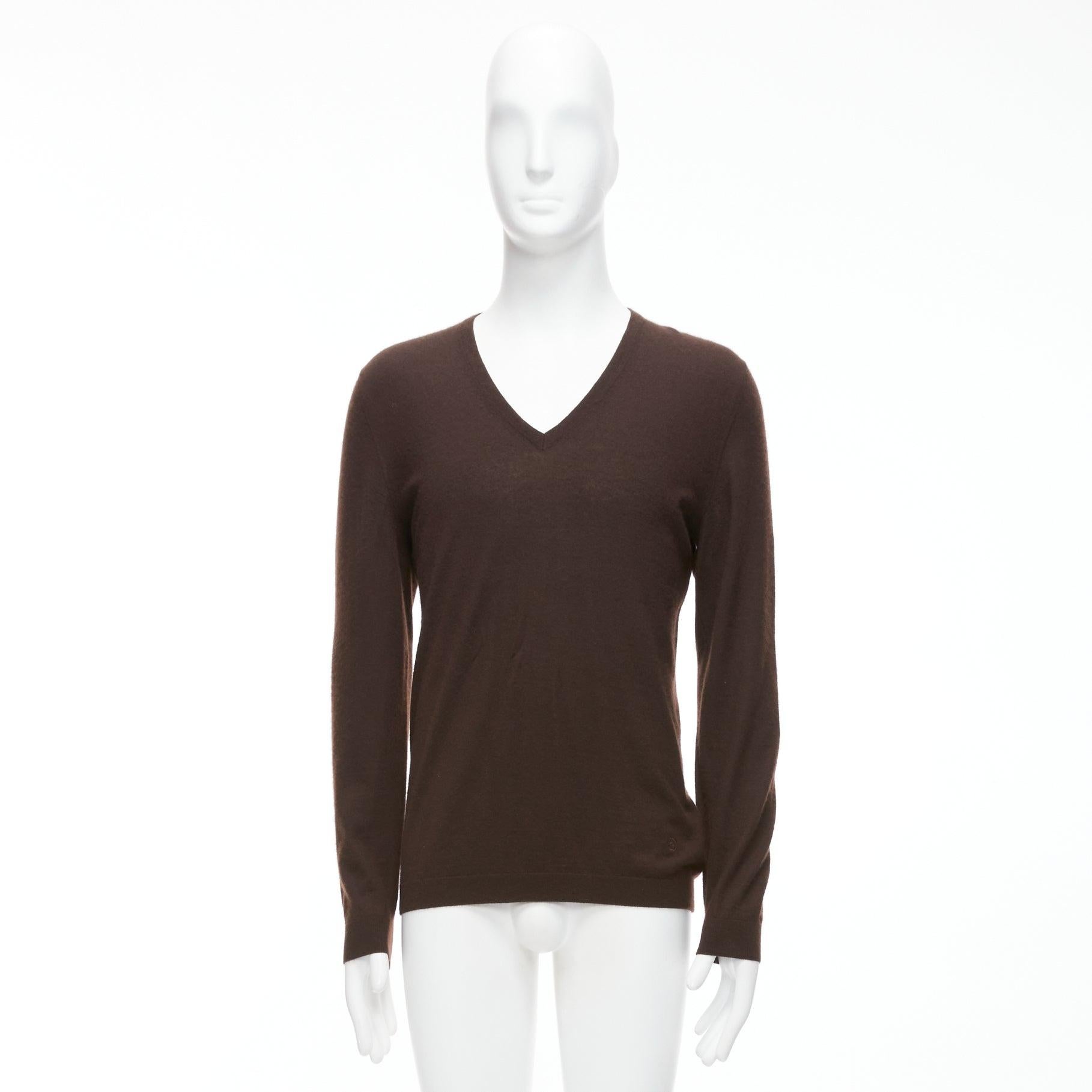 GUCCI Vintage 100% cashmere brown V-neck classic sweater L For Sale 5