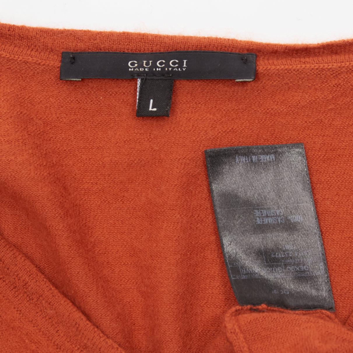 GUCCI Vintage 100% cashmere  rust orange V-neck long sleeve sweater L For Sale 6