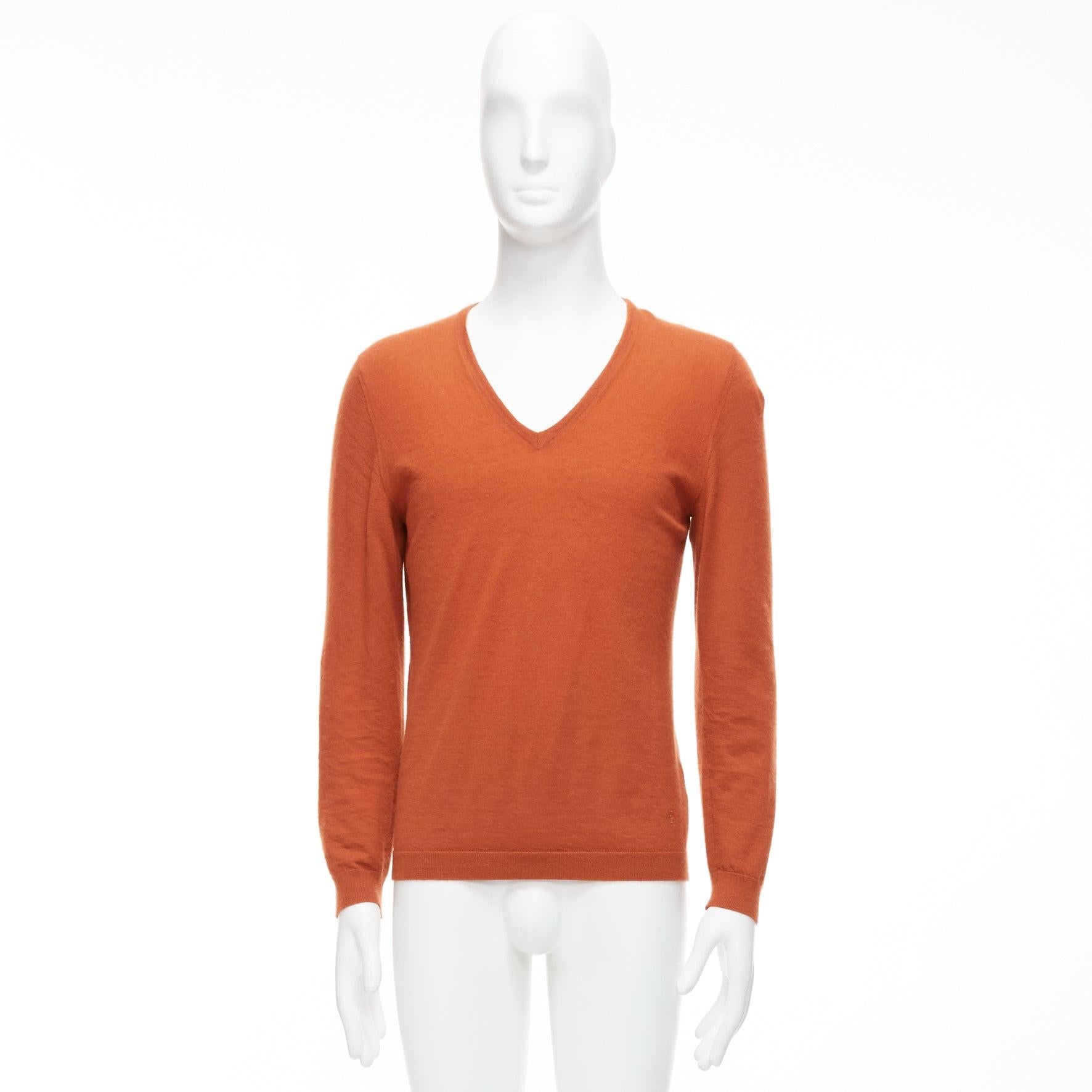 GUCCI Vintage 100% cashmere  rust orange V-neck long sleeve sweater L For Sale 7