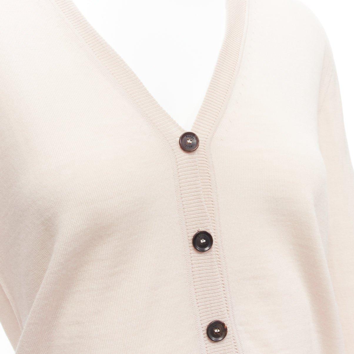 GUCCI Vintage 100% wool blush nude minimal metal charm cardigan XS 3