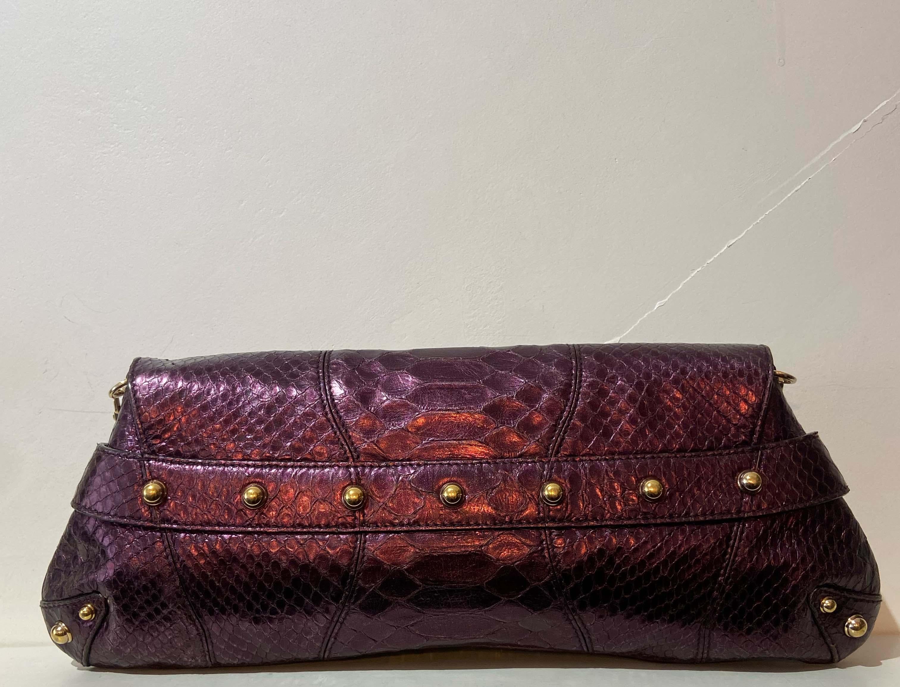 Black Gucci Vintage 1955 Metallic Purple Lizard Clutch For Sale