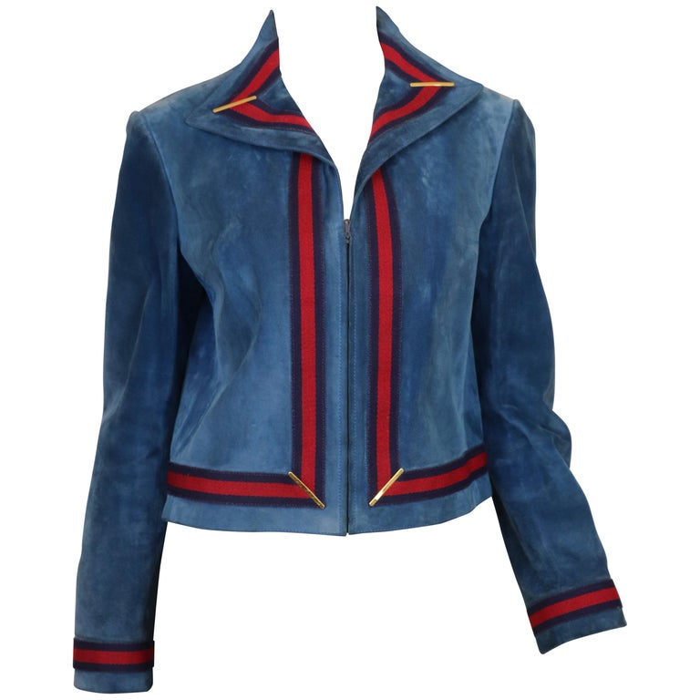 Gucci Vintage 1970's Blue Suede Jacket Red and Blue Web Trim at 1stDibs