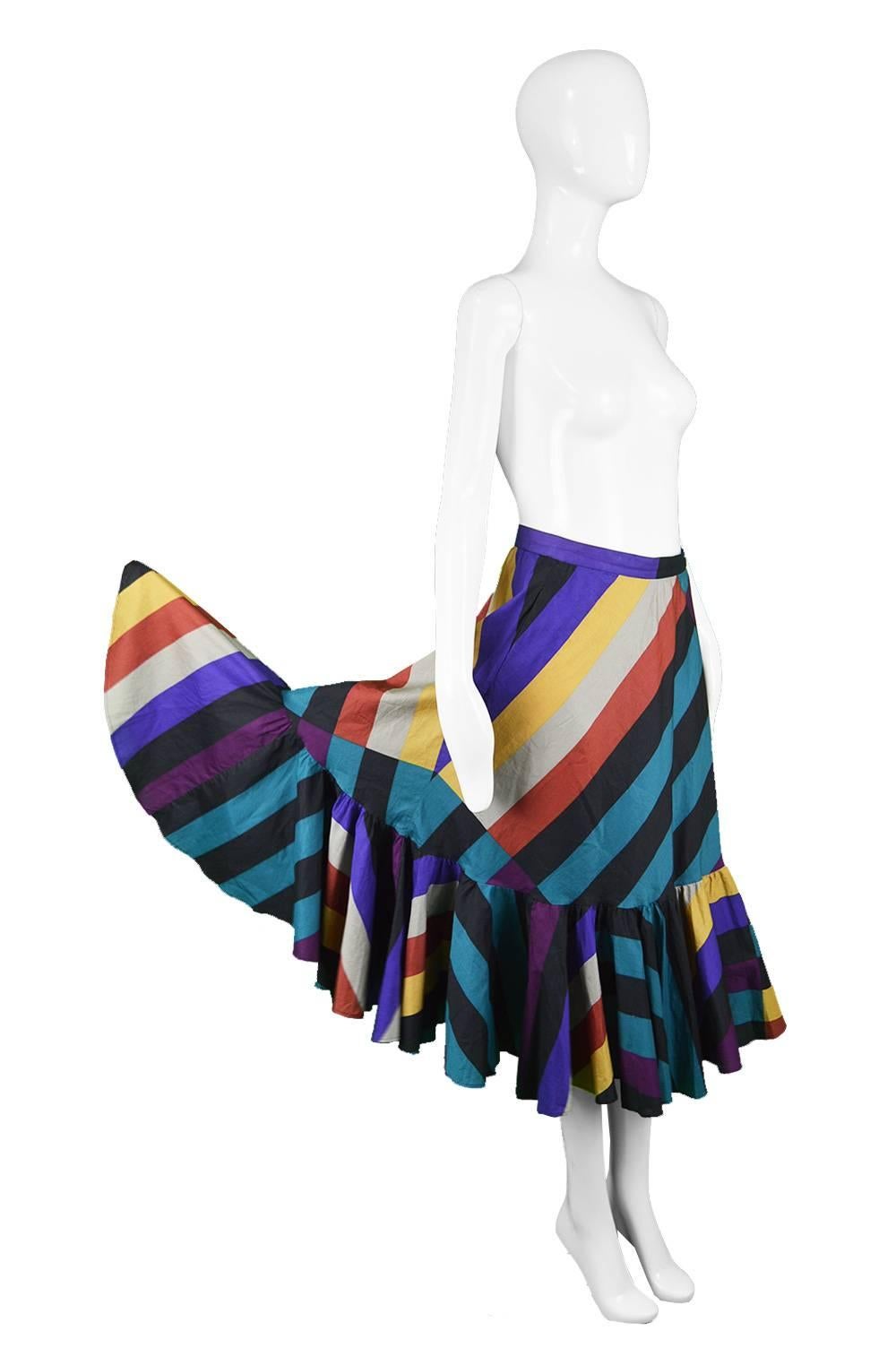 Purple Gucci Vintage Colorful Striped Cotton Skirt with Full Flounce Hem, 1970s