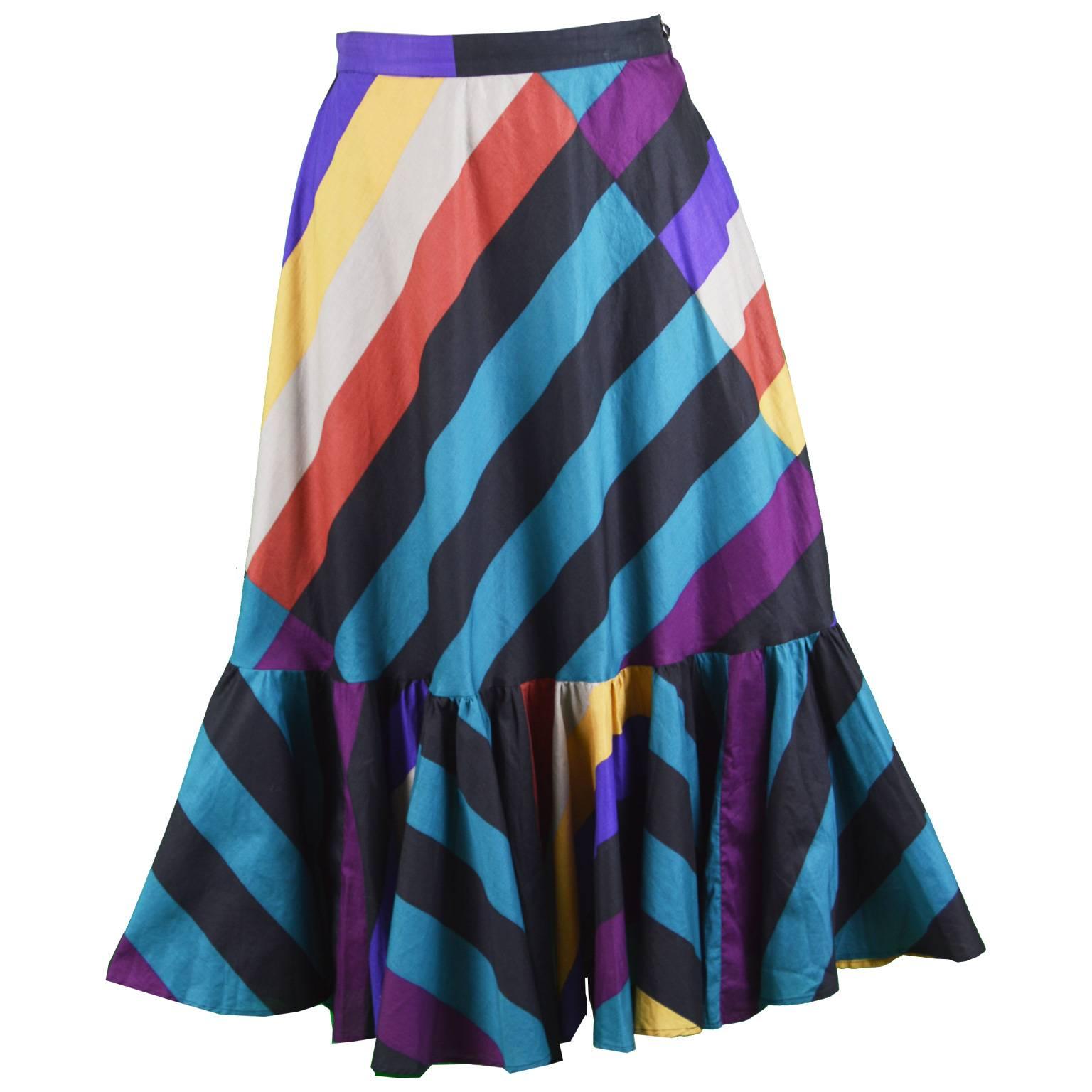 Gucci Vintage Colorful Striped Cotton Skirt with Full Flounce Hem, 1970s