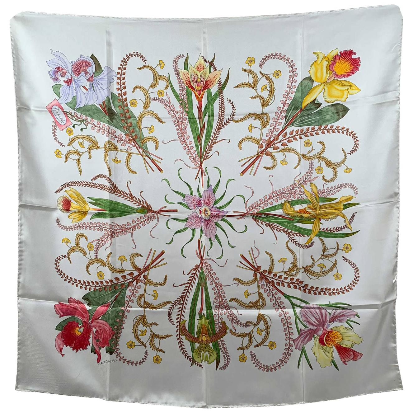 Gucci Vintage 1974 White Silk Scarf Accornero Orchidee Orchids