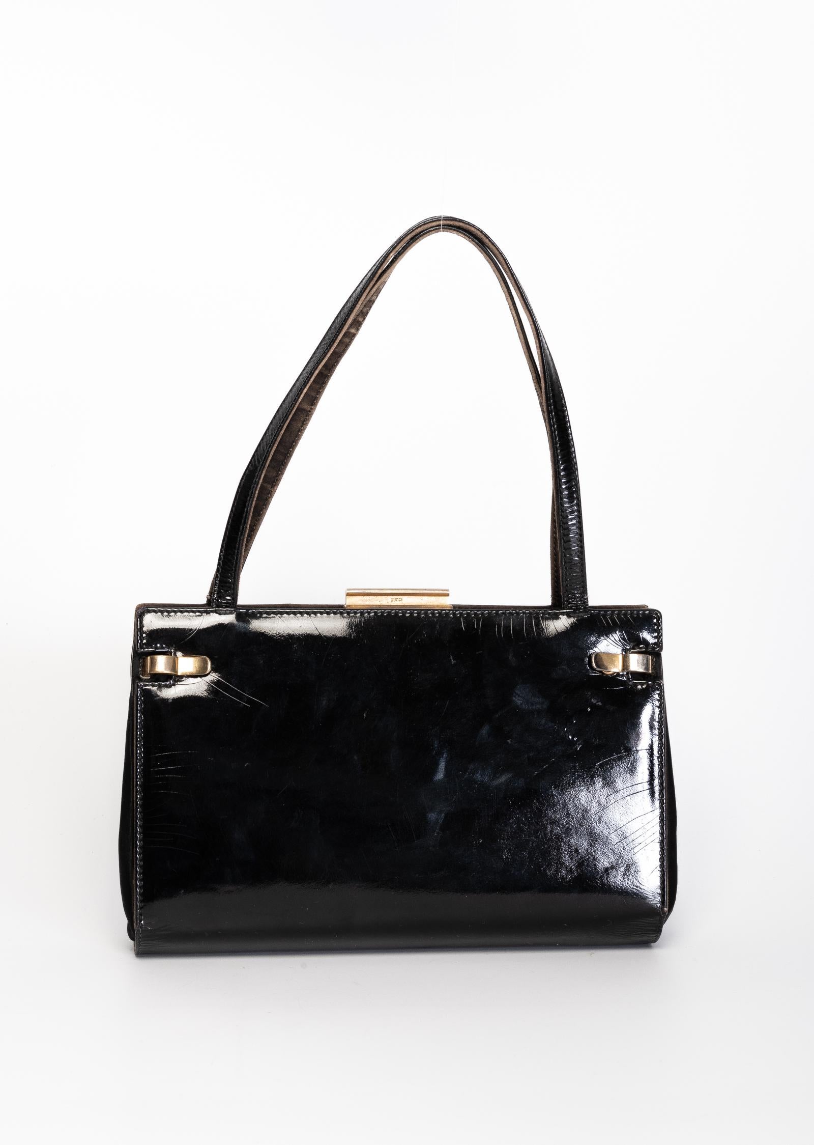 Gucci Vintage 1979 2N1 Black Patent Leather Day To Evening Bag Pour femmes en vente
