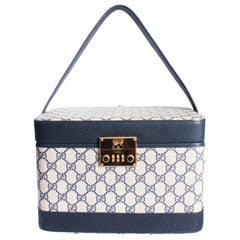 Gucci Vintage 1980s GG Logo Canvas Navy Leather Train Case Travel Bag