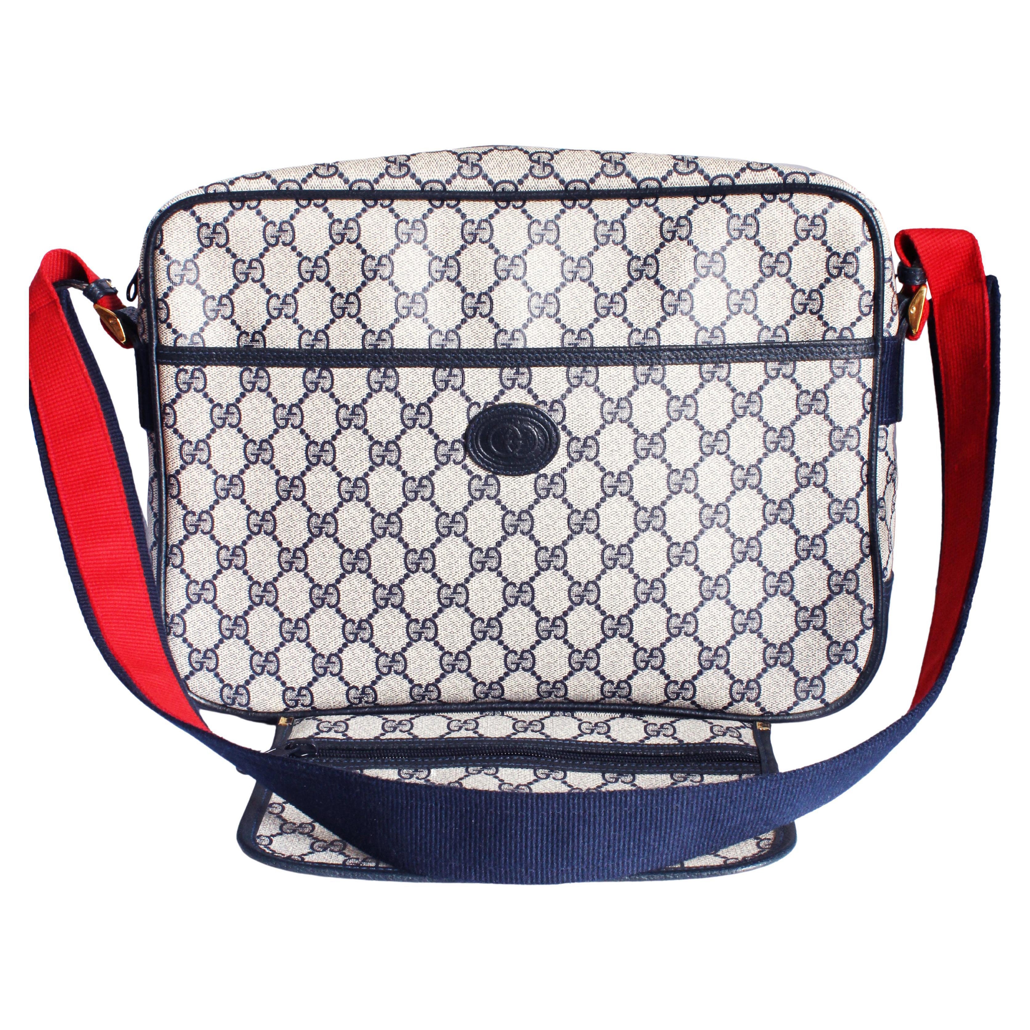 Gucci Vintage 1990s GG Plus Navy Canvas Messenger Bag with Pouch