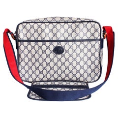 Gucci Vintage 1990s GG Plus Navy Canvas Messenger Bag with Pouch