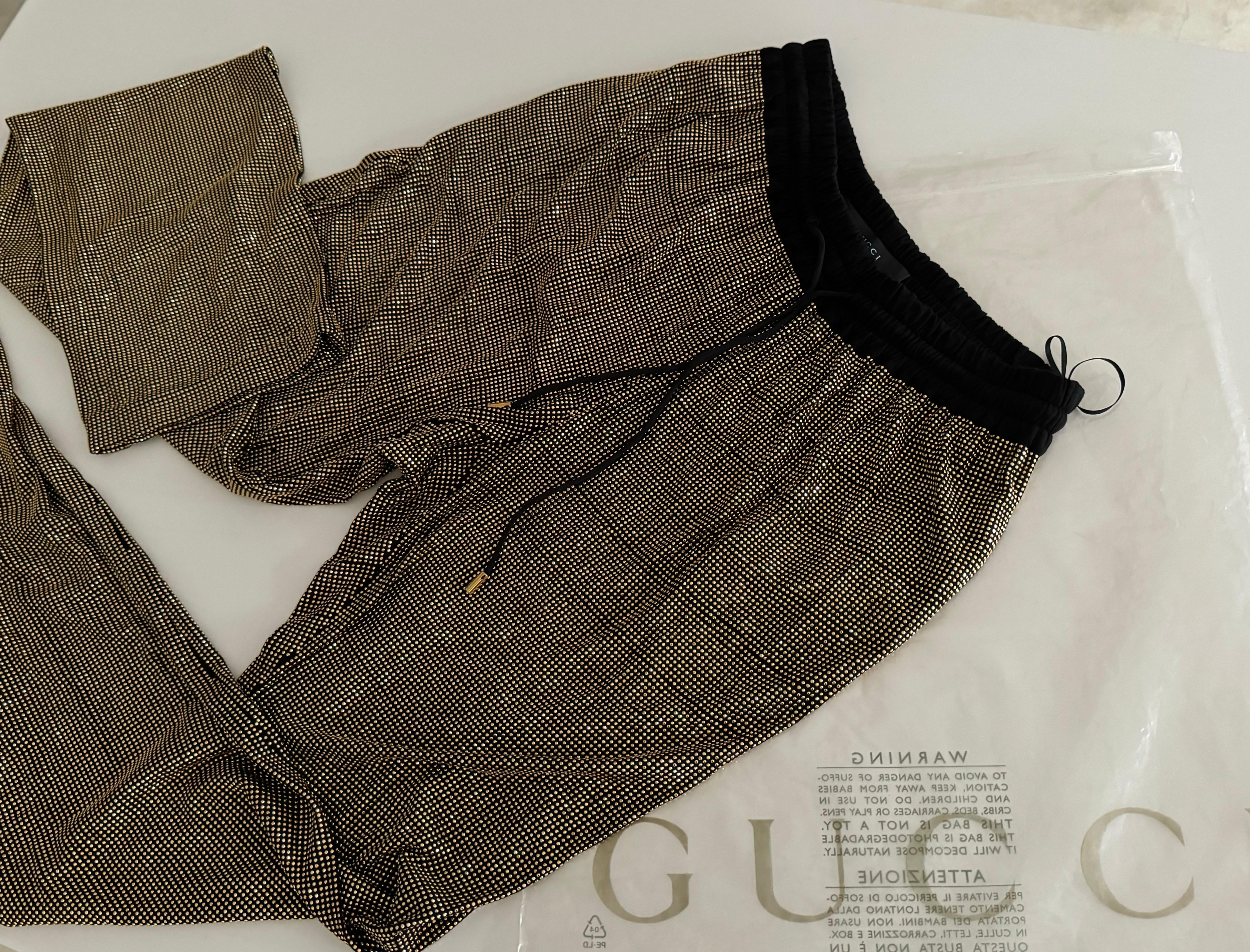 Gucci Vintage 2000s Black With Gold Crystal Stones Embellished Drawstring Pants For Sale 8