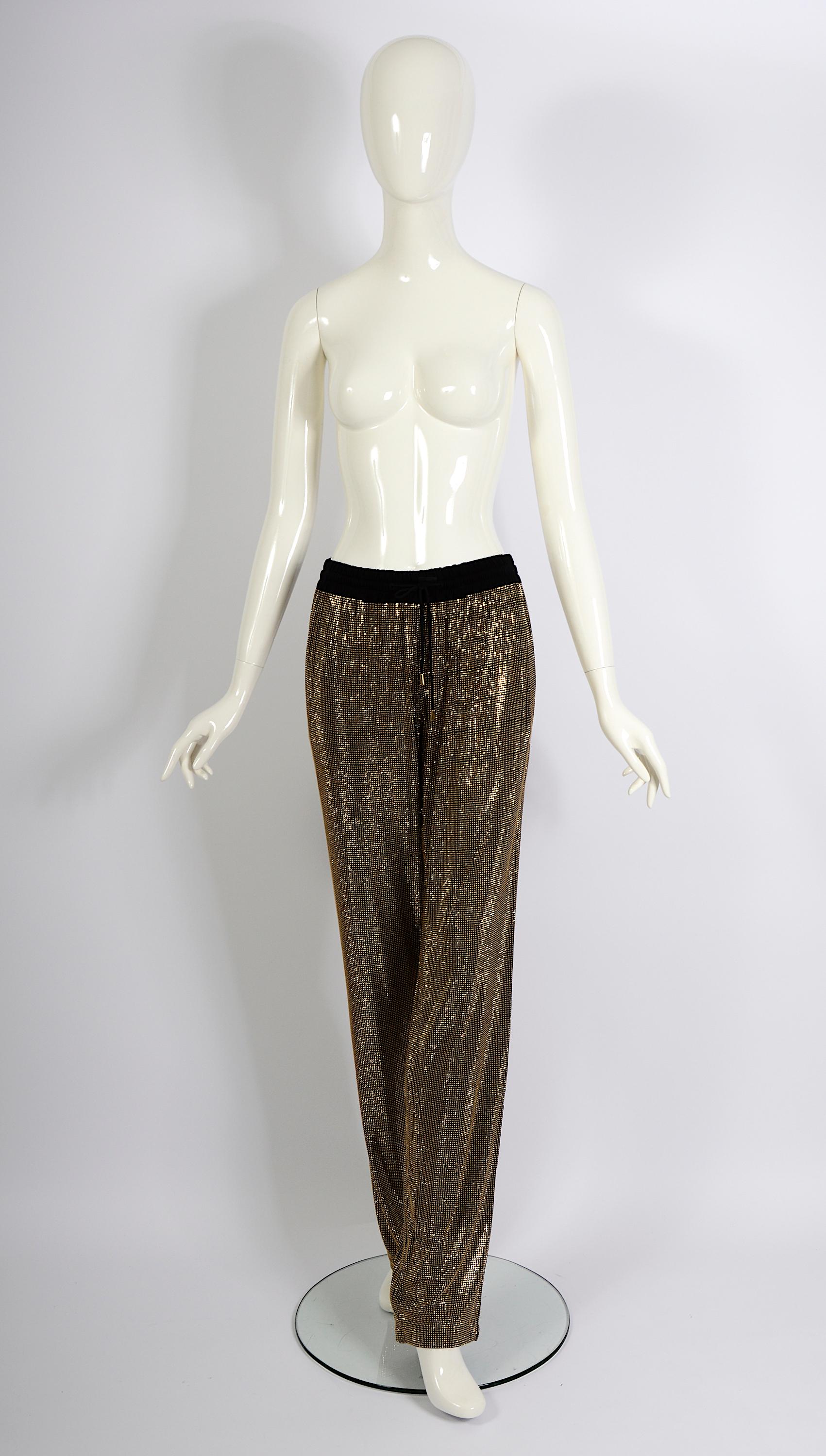 Beige Gucci Vintage 2000s Black With Gold Crystal Stones Embellished Drawstring Pants For Sale