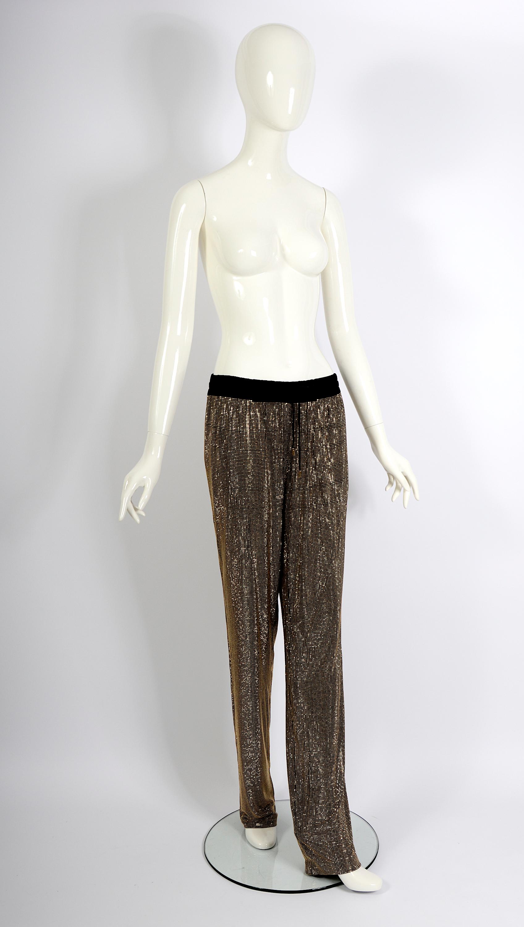 Women's or Men's Gucci Vintage 2000s Black With Gold Crystal Stones Embellished Drawstring Pants For Sale