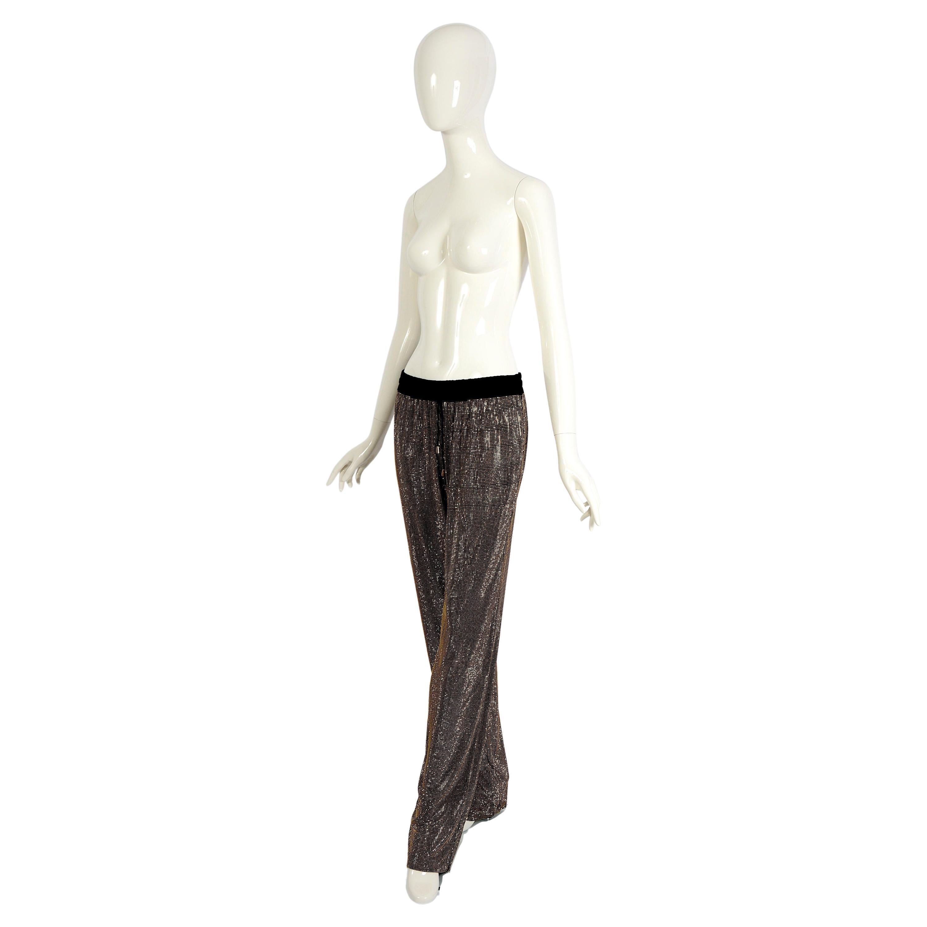 Gucci Vintage 2000s Black With Gold Crystal Stones Embellished Drawstring Pants For Sale