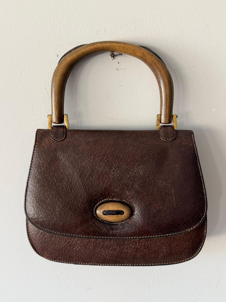 GUCCI Vintage 70s Brown Leather Handbag Wood Handle Bag Rare For