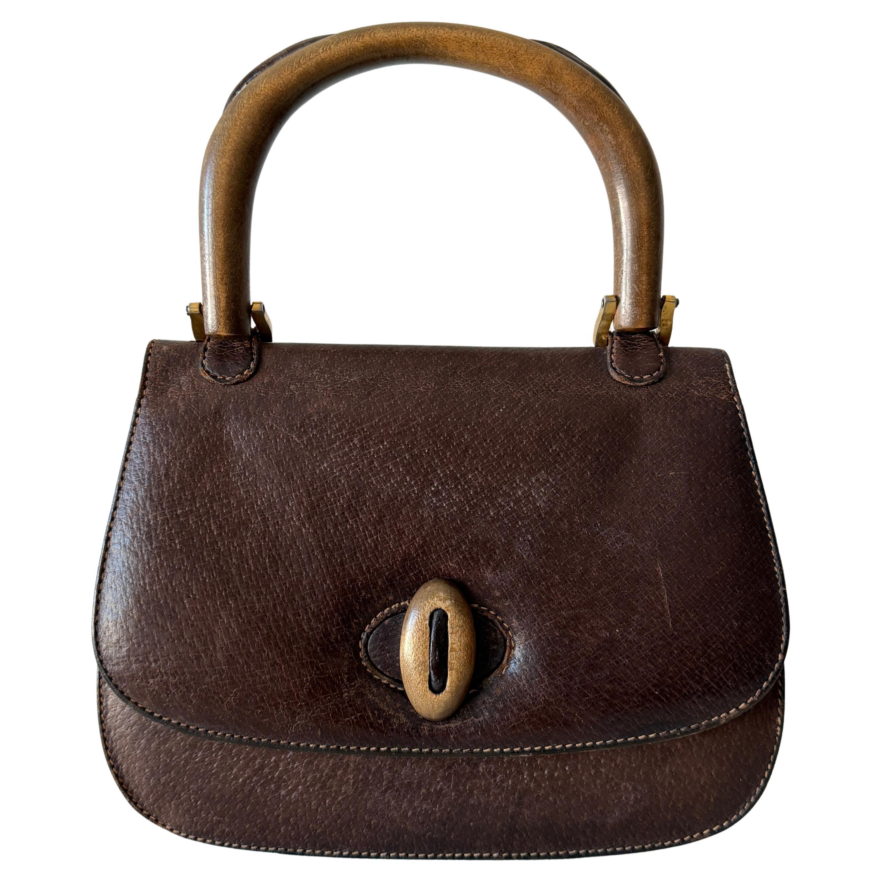 GUCCI Vintage 70s Brown Leather Handbag Wood Handle Bag Rare For